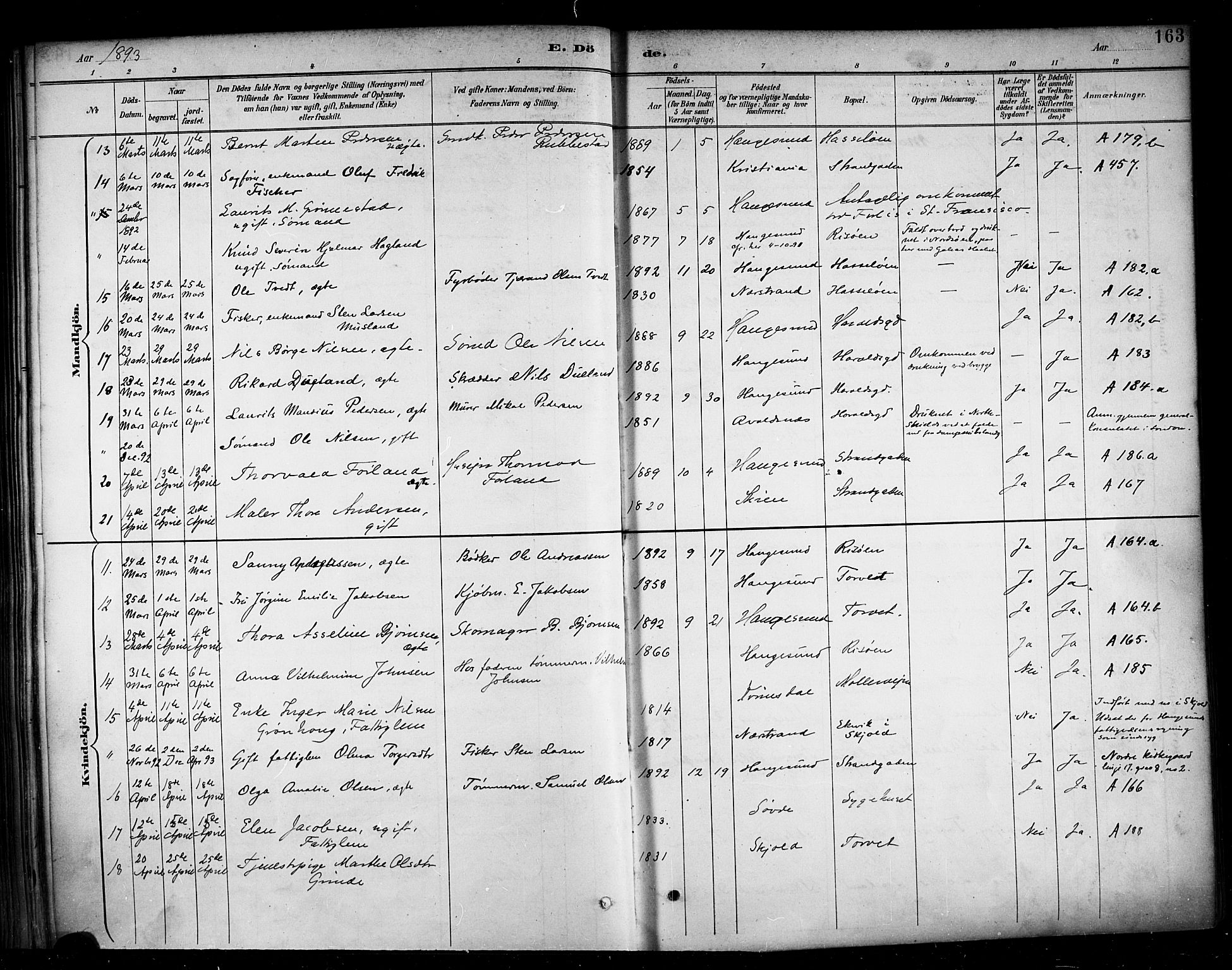 Haugesund sokneprestkontor, SAST/A -101863/H/Ha/Haa/L0005: Parish register (official) no. A 5, 1891-1903, p. 163