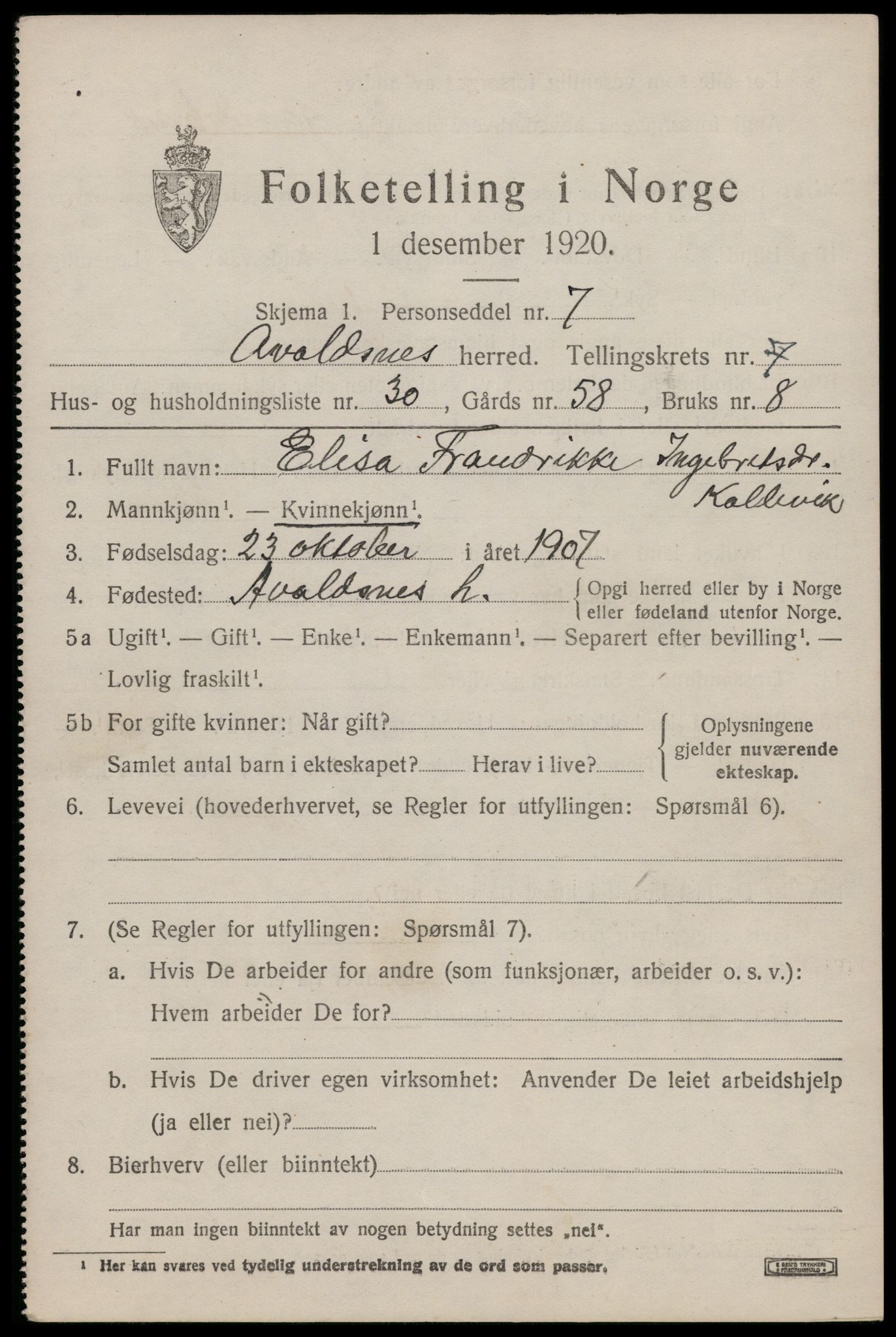 SAST, 1920 census for Avaldsnes, 1920, p. 6135