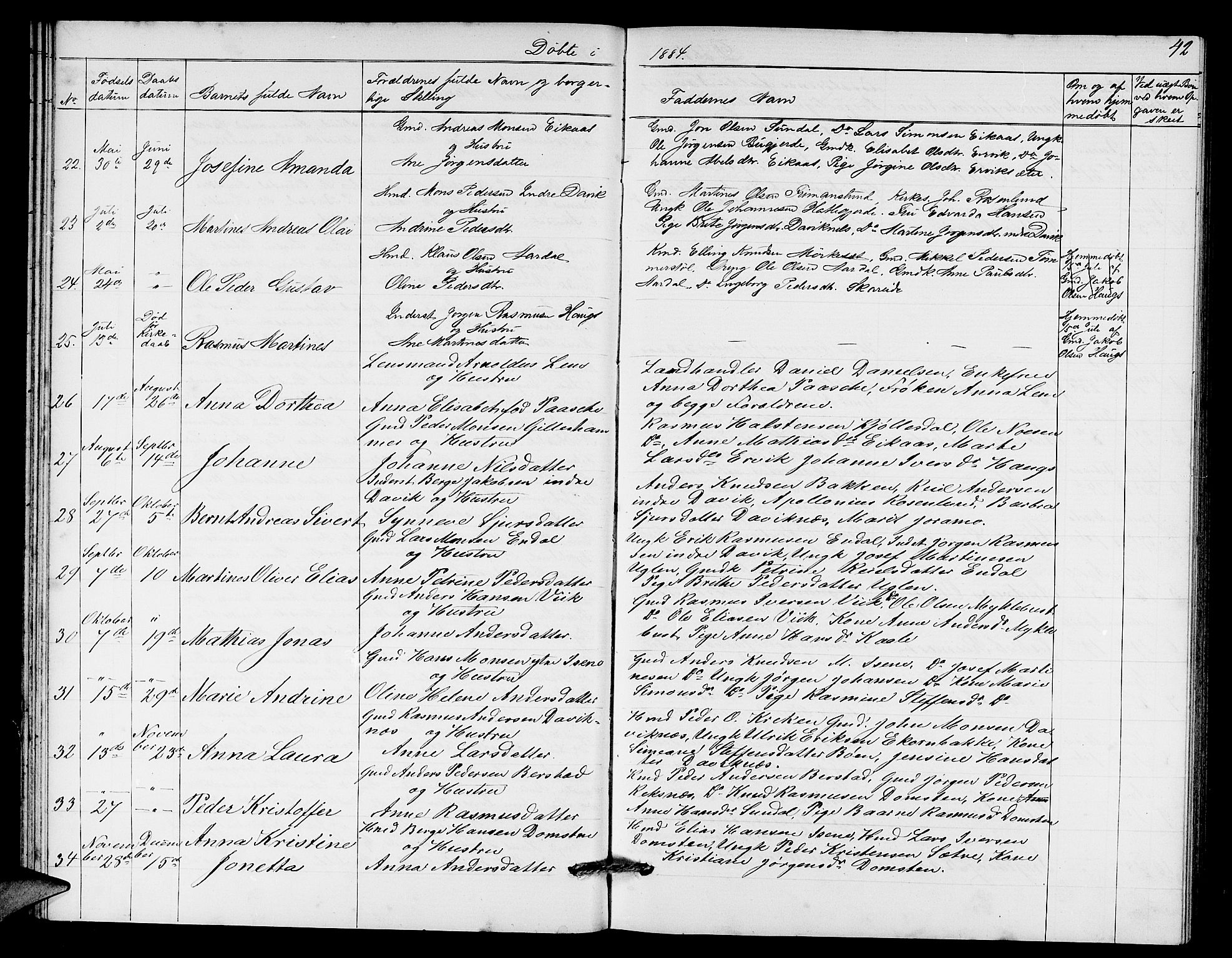 Davik sokneprestembete, AV/SAB-A-79701/H/Hab/Haba/L0001: Parish register (copy) no. A 1, 1866-1889, p. 42