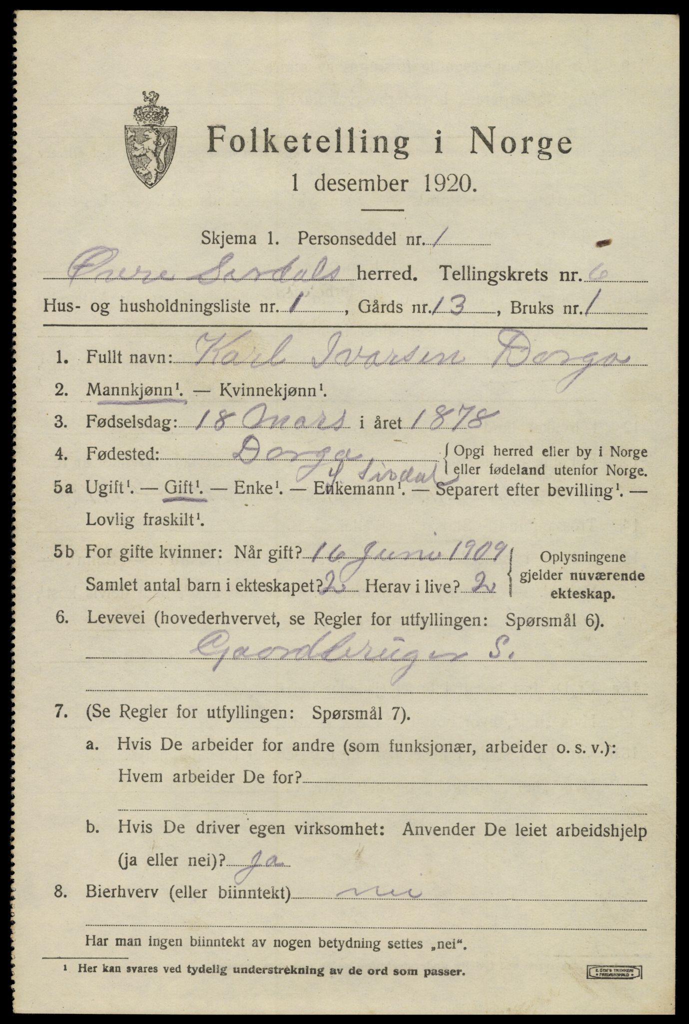 SAK, 1920 census for Øvre Sirdal, 1920, p. 1043
