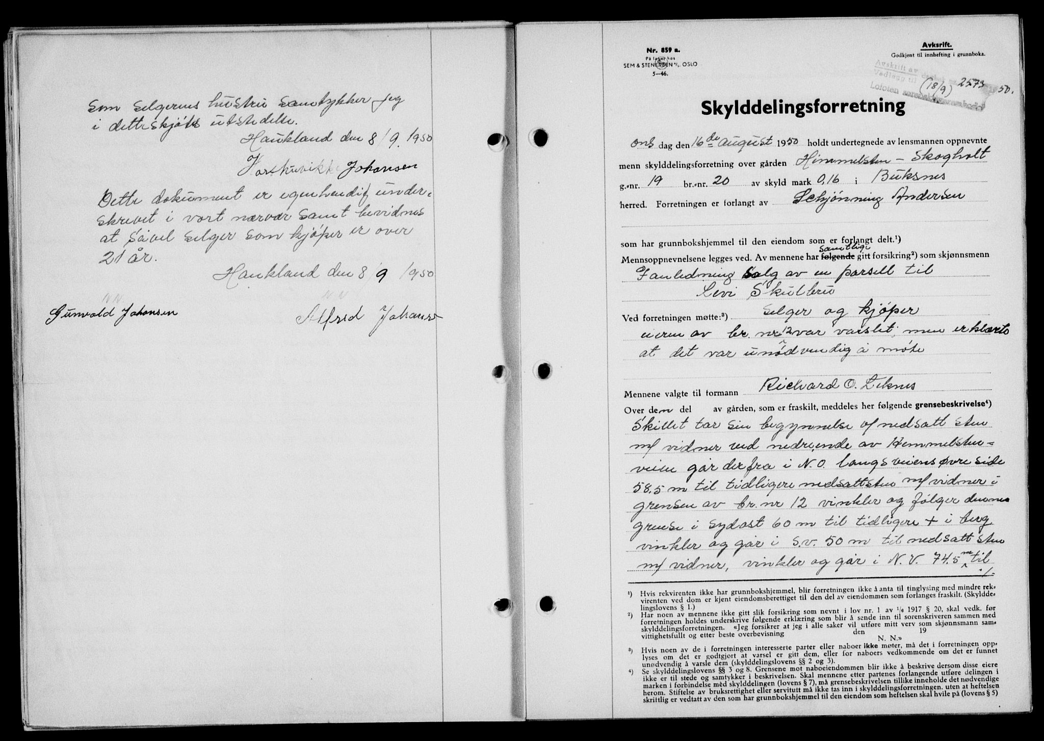 Lofoten sorenskriveri, SAT/A-0017/1/2/2C/L0024a: Mortgage book no. 24a, 1950-1950, Diary no: : 2573/1950