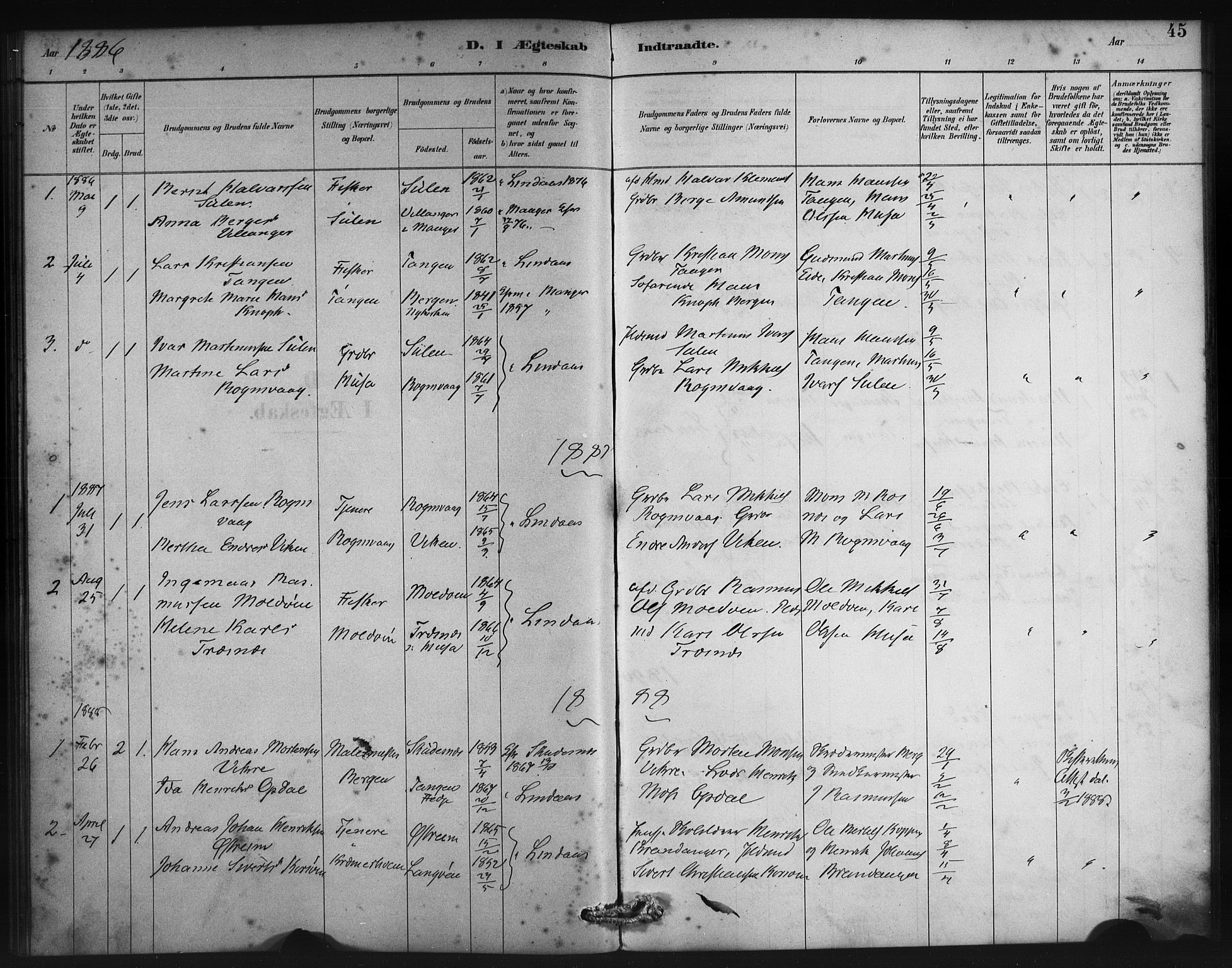 Lindås Sokneprestembete, SAB/A-76701/H/Haa: Parish register (official) no. D 1, 1886-1896, p. 45