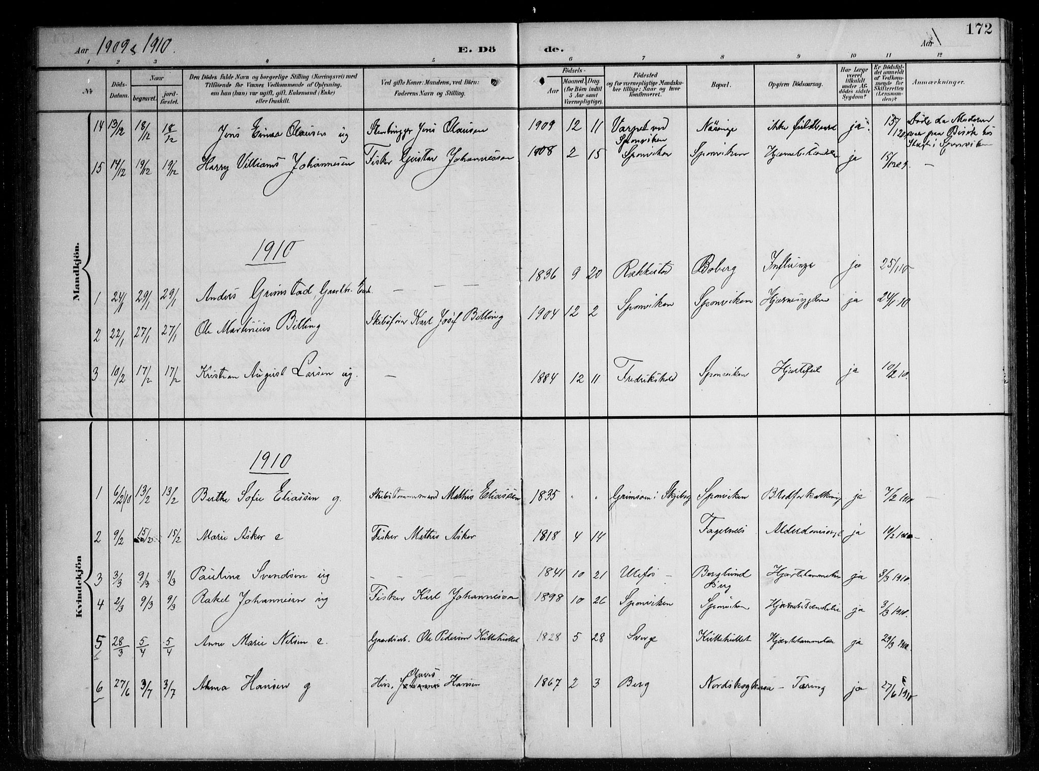 Berg prestekontor Kirkebøker, AV/SAO-A-10902/F/Fa/L0008: Parish register (official) no. I 8, 1902-1920, p. 172