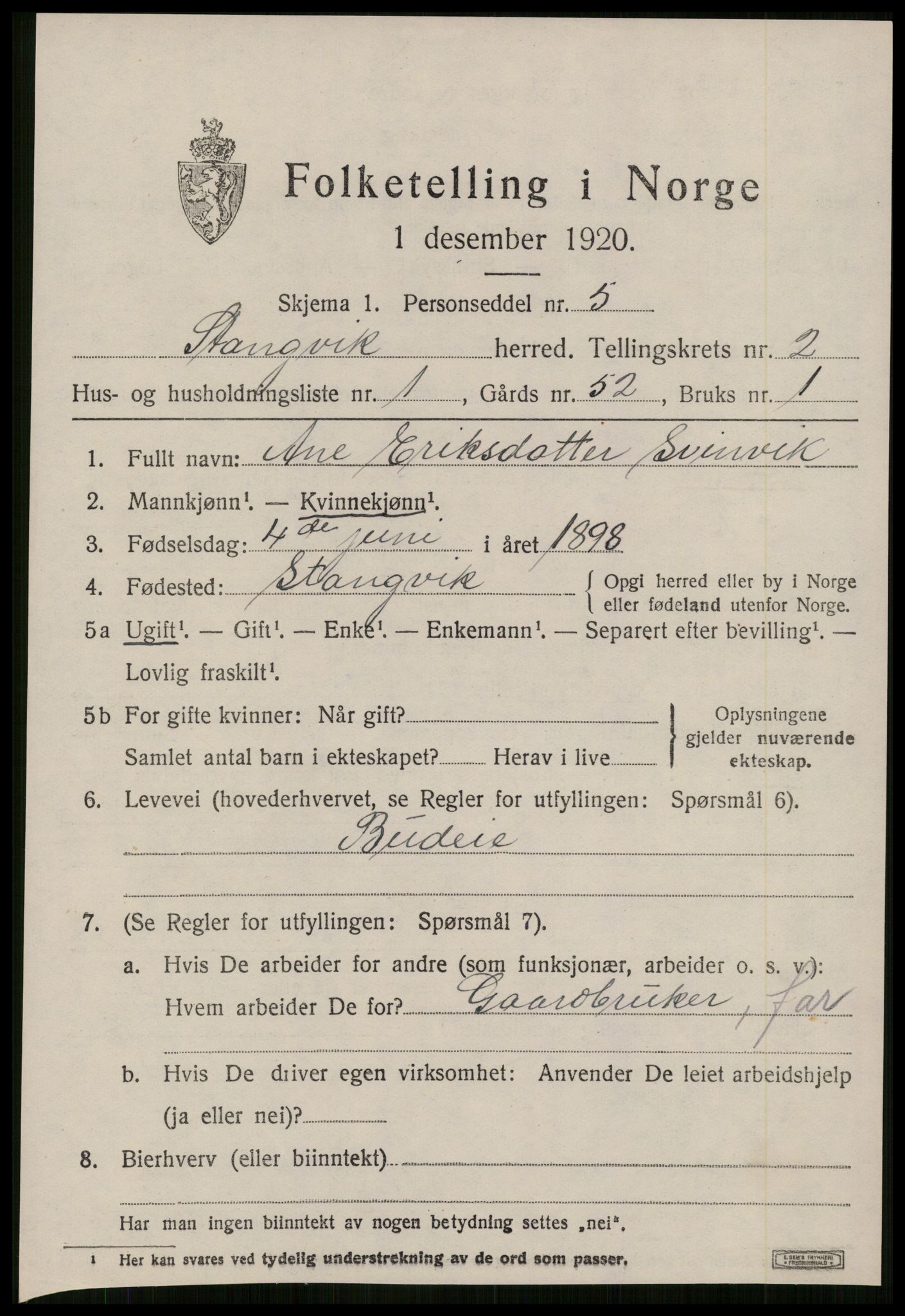 SAT, 1920 census for Stangvik, 1920, p. 1428