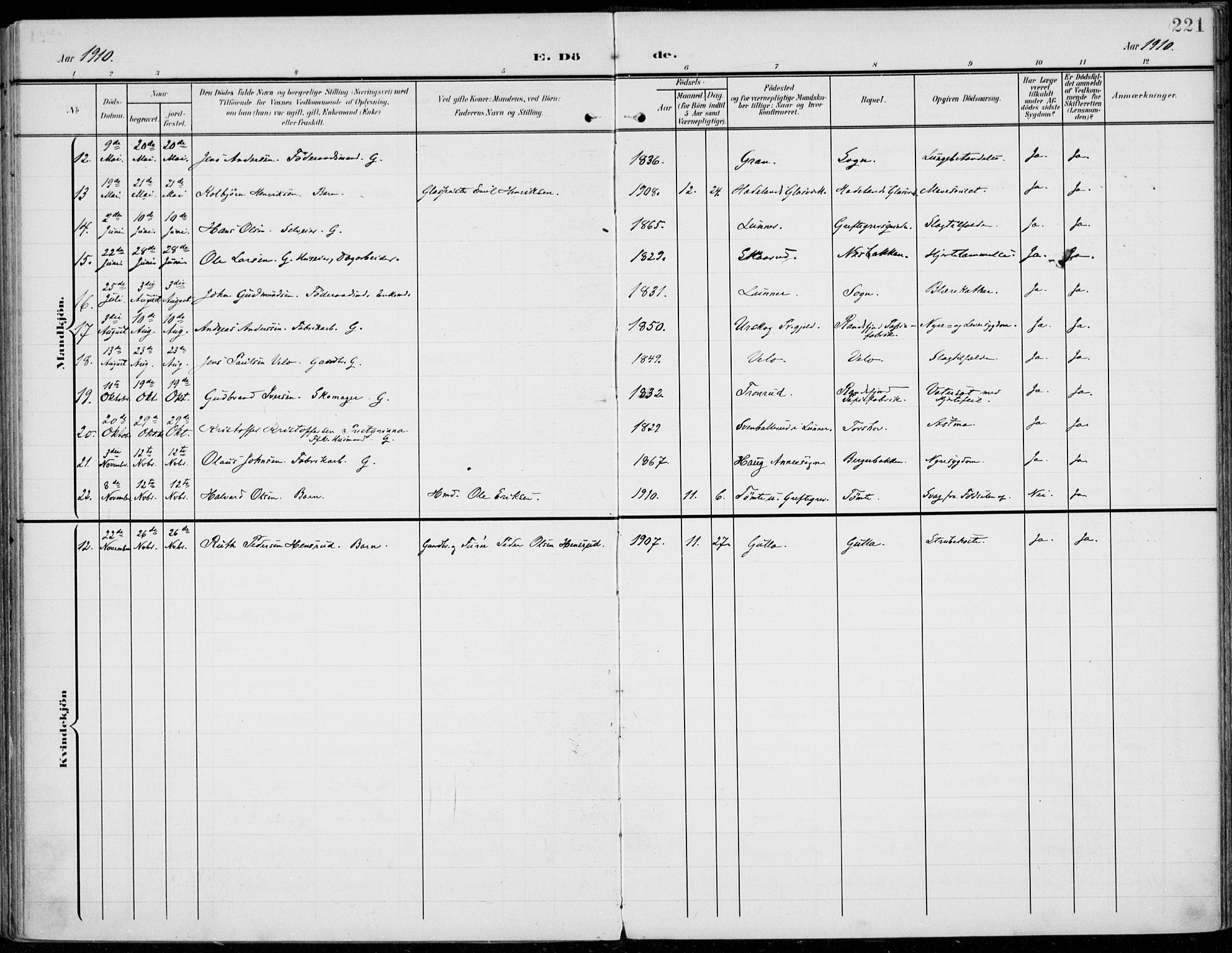 Jevnaker prestekontor, AV/SAH-PREST-116/H/Ha/Haa/L0011: Parish register (official) no. 11, 1902-1913, p. 221