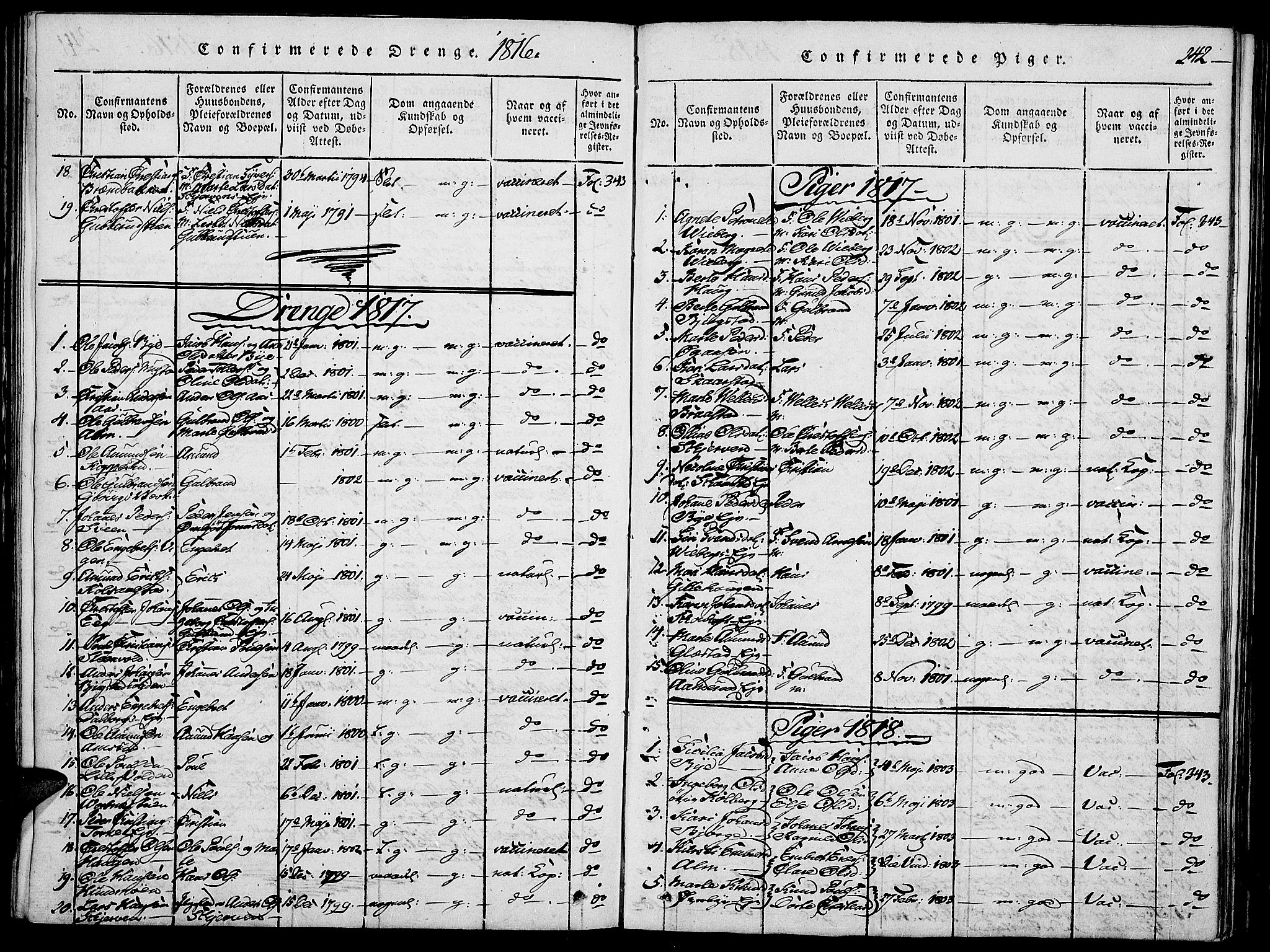 Vardal prestekontor, SAH/PREST-100/H/Ha/Haa/L0004: Parish register (official) no. 4, 1814-1831, p. 242
