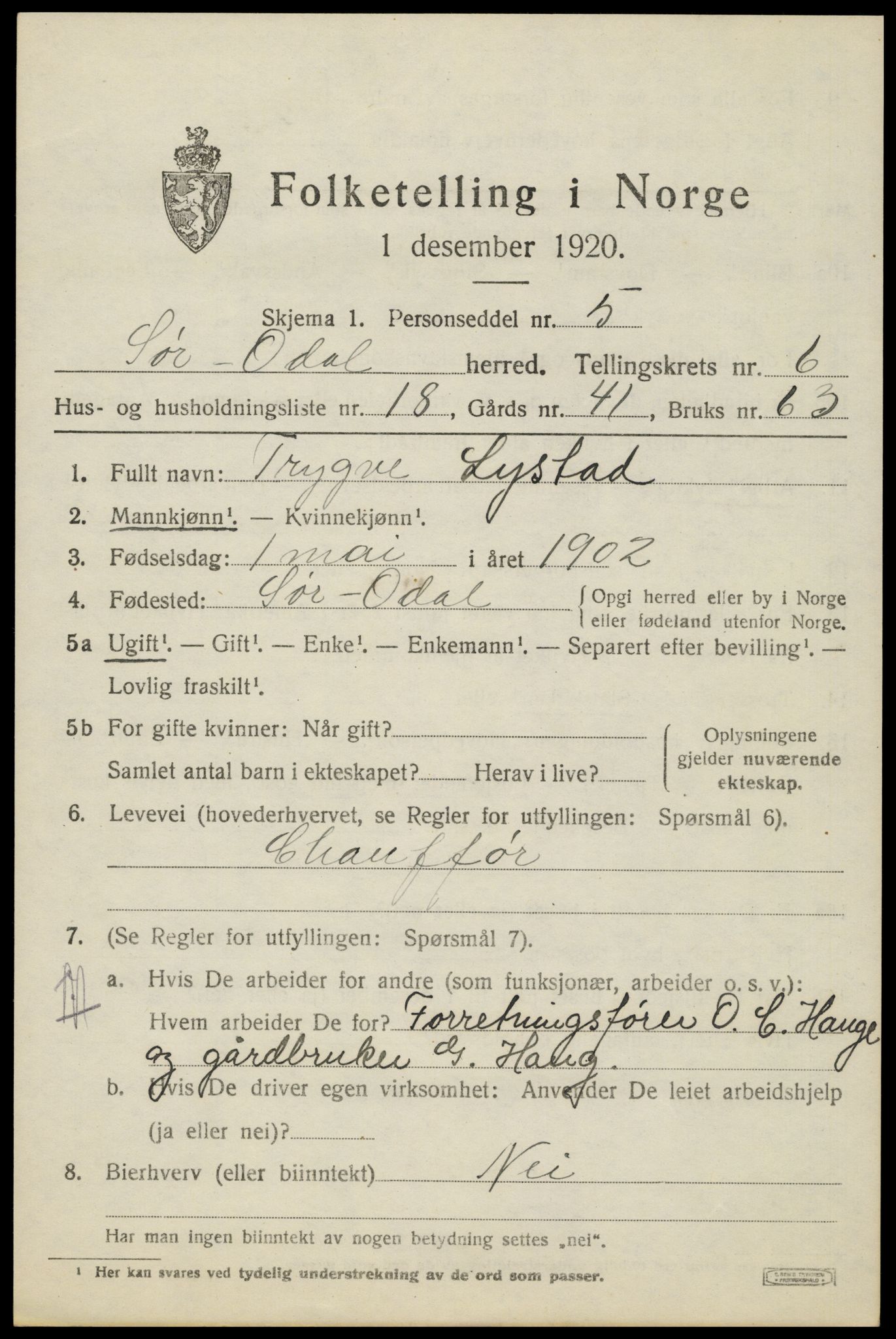 SAH, 1920 census for Sør-Odal, 1920, p. 6965