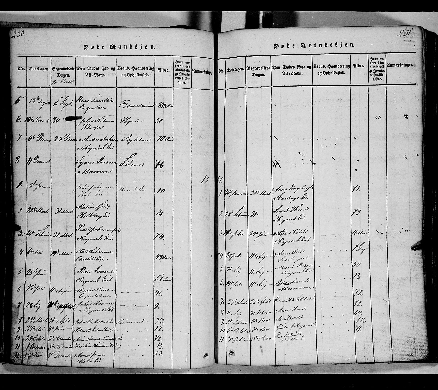 Gausdal prestekontor, SAH/PREST-090/H/Ha/Hab/L0002: Parish register (copy) no. 2, 1818-1874, p. 250-251