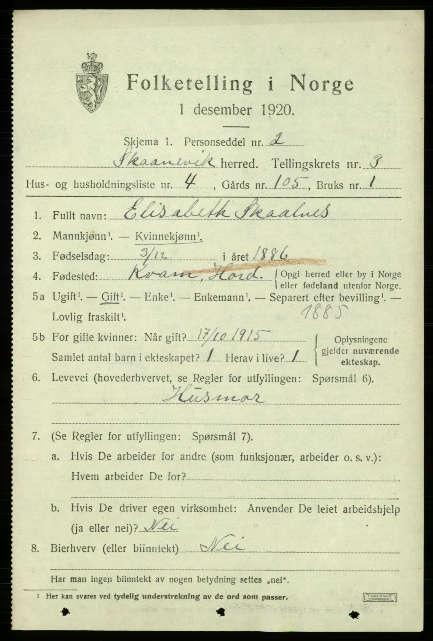 SAB, 1920 census for Skånevik, 1920, p. 2817