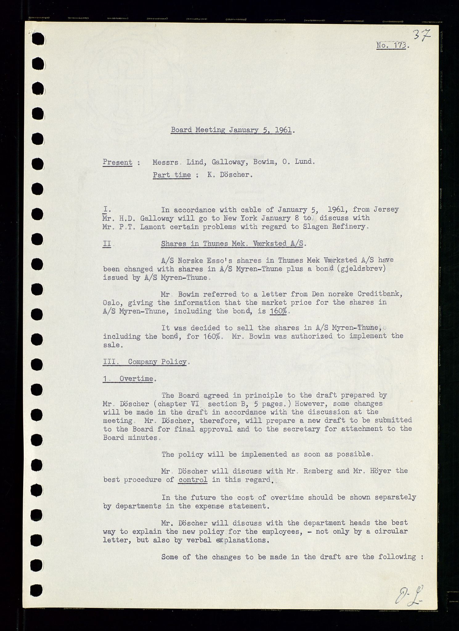 Pa 0982 - Esso Norge A/S, AV/SAST-A-100448/A/Aa/L0001/0002: Den administrerende direksjon Board minutes (styrereferater) / Den administrerende direksjon Board minutes (styrereferater), 1960-1961, p. 84