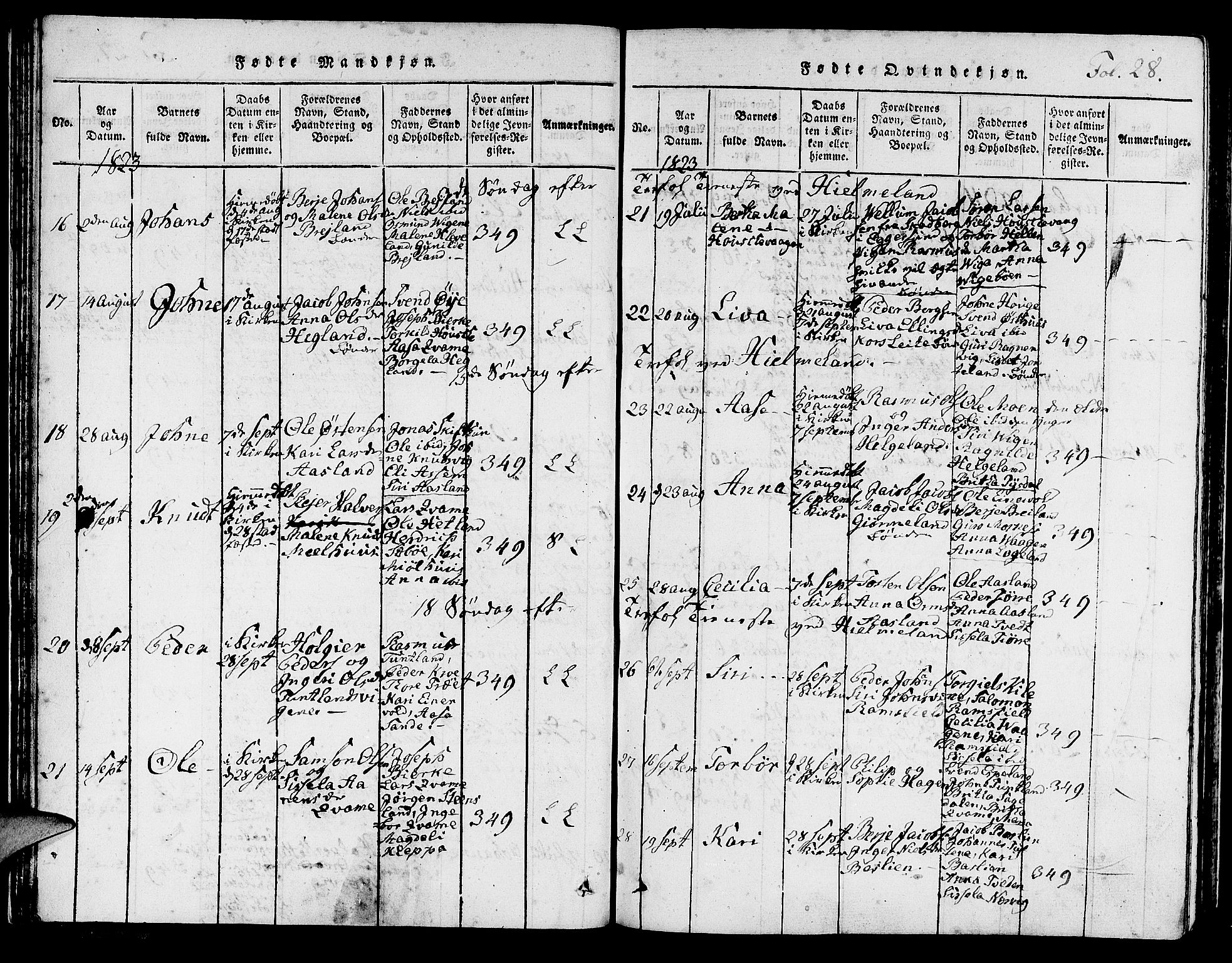 Hjelmeland sokneprestkontor, SAST/A-101843/01/IV/L0003: Parish register (official) no. A 3, 1816-1834, p. 28