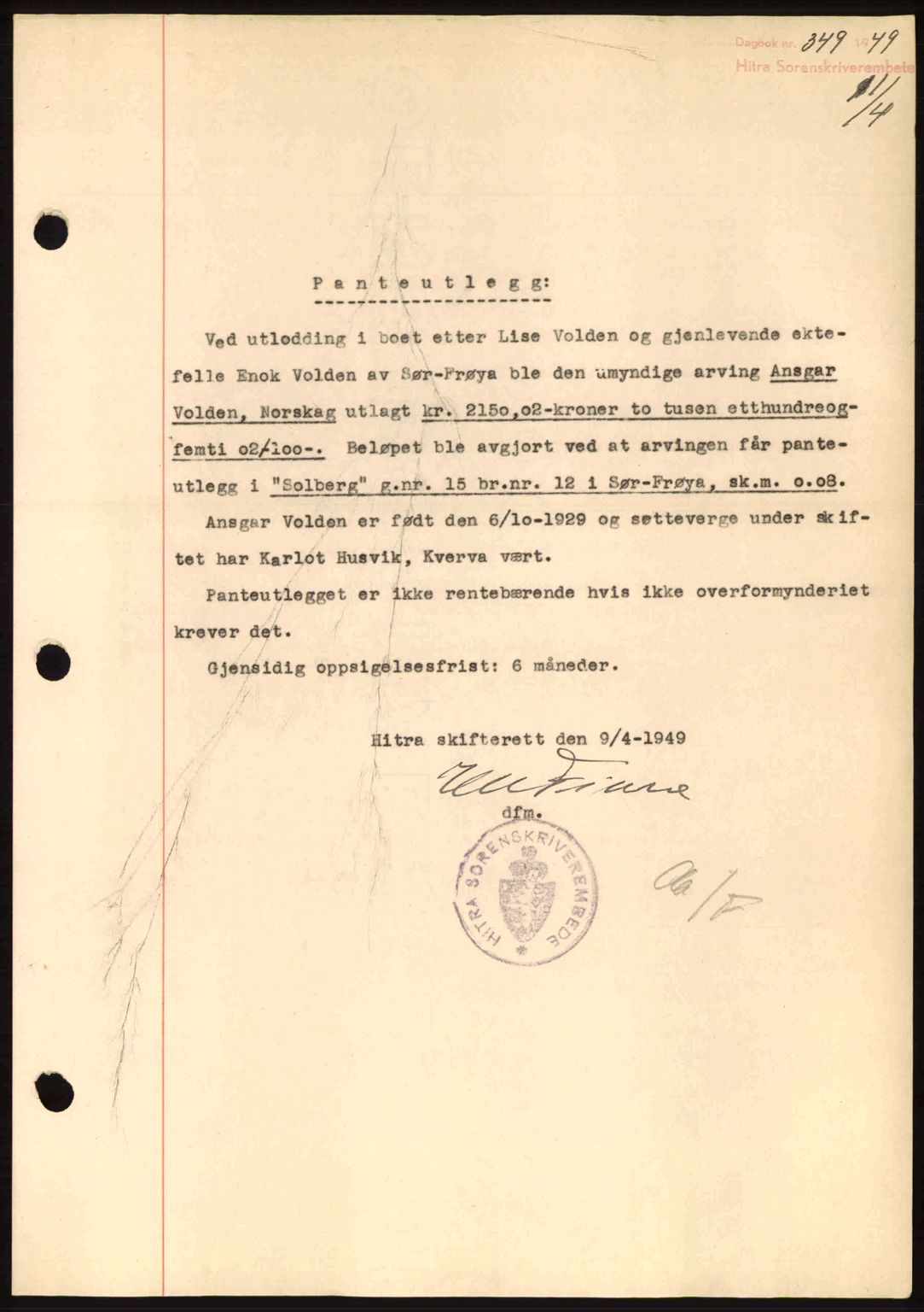 Hitra sorenskriveri, AV/SAT-A-0018/2/2C/2Ca: Mortgage book no. B1, 1939-1949, Diary no: : 349/1949