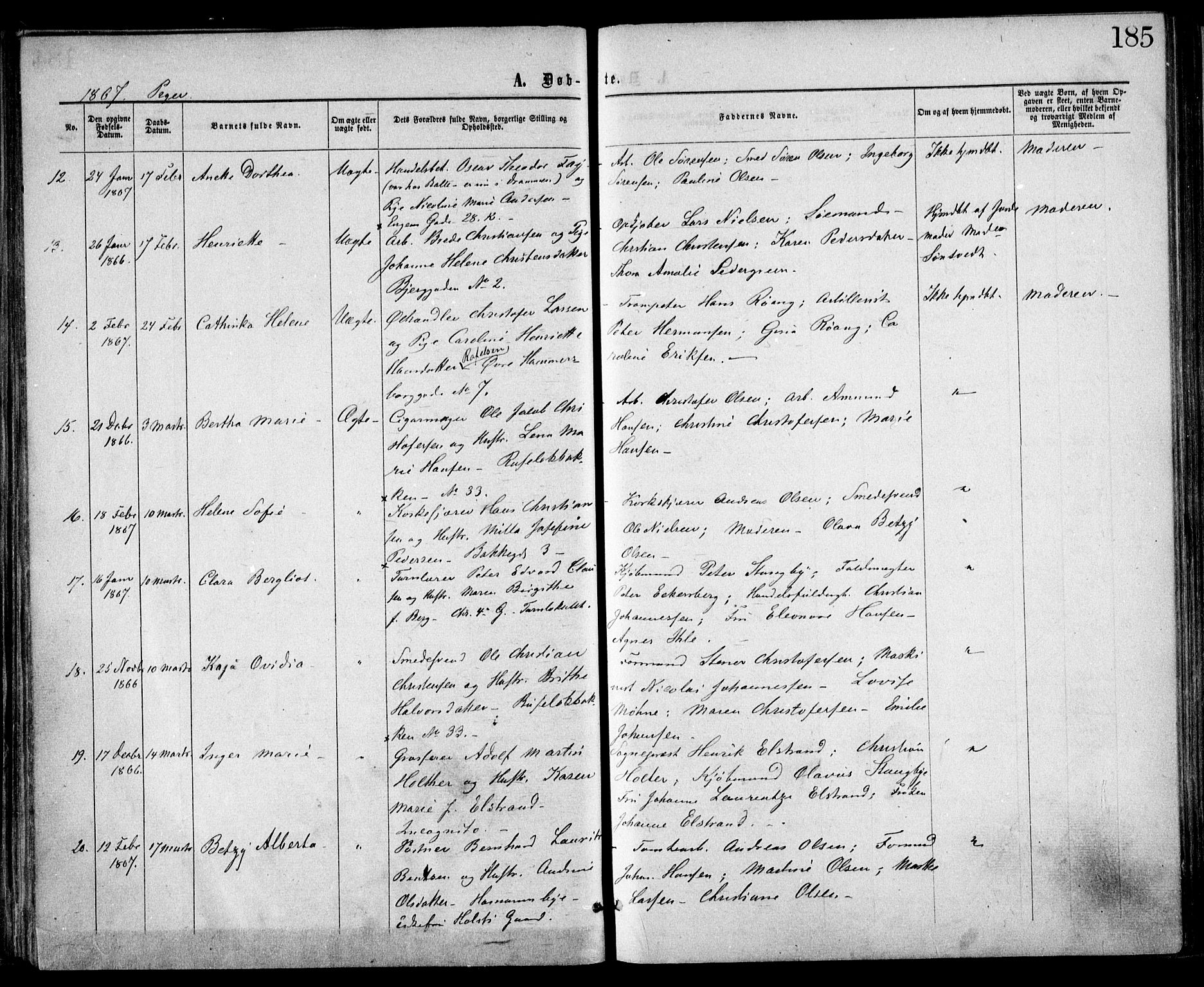 Trefoldighet prestekontor Kirkebøker, SAO/A-10882/F/Fa/L0002: Parish register (official) no. I 2, 1863-1870, p. 185