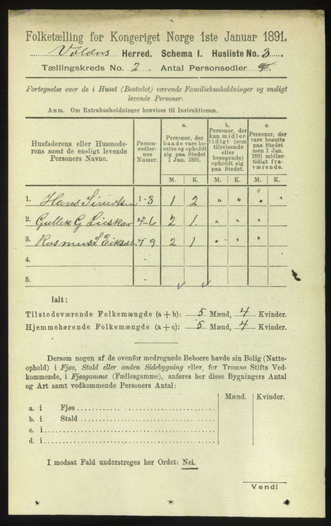 RA, 1891 census for 1519 Volda, 1891, p. 603