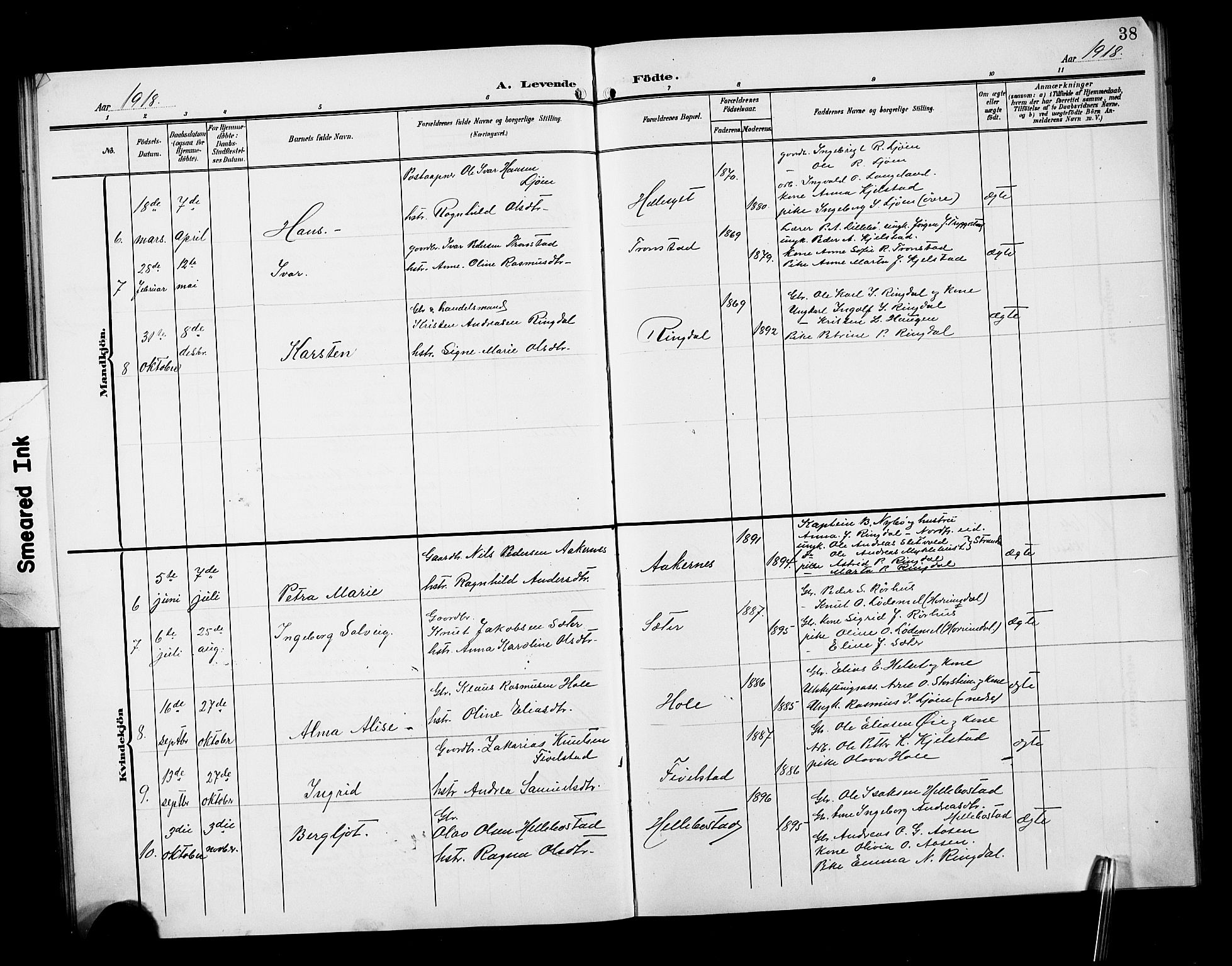 Ministerialprotokoller, klokkerbøker og fødselsregistre - Møre og Romsdal, AV/SAT-A-1454/517/L0231: Parish register (copy) no. 517C04, 1904-1918, p. 38