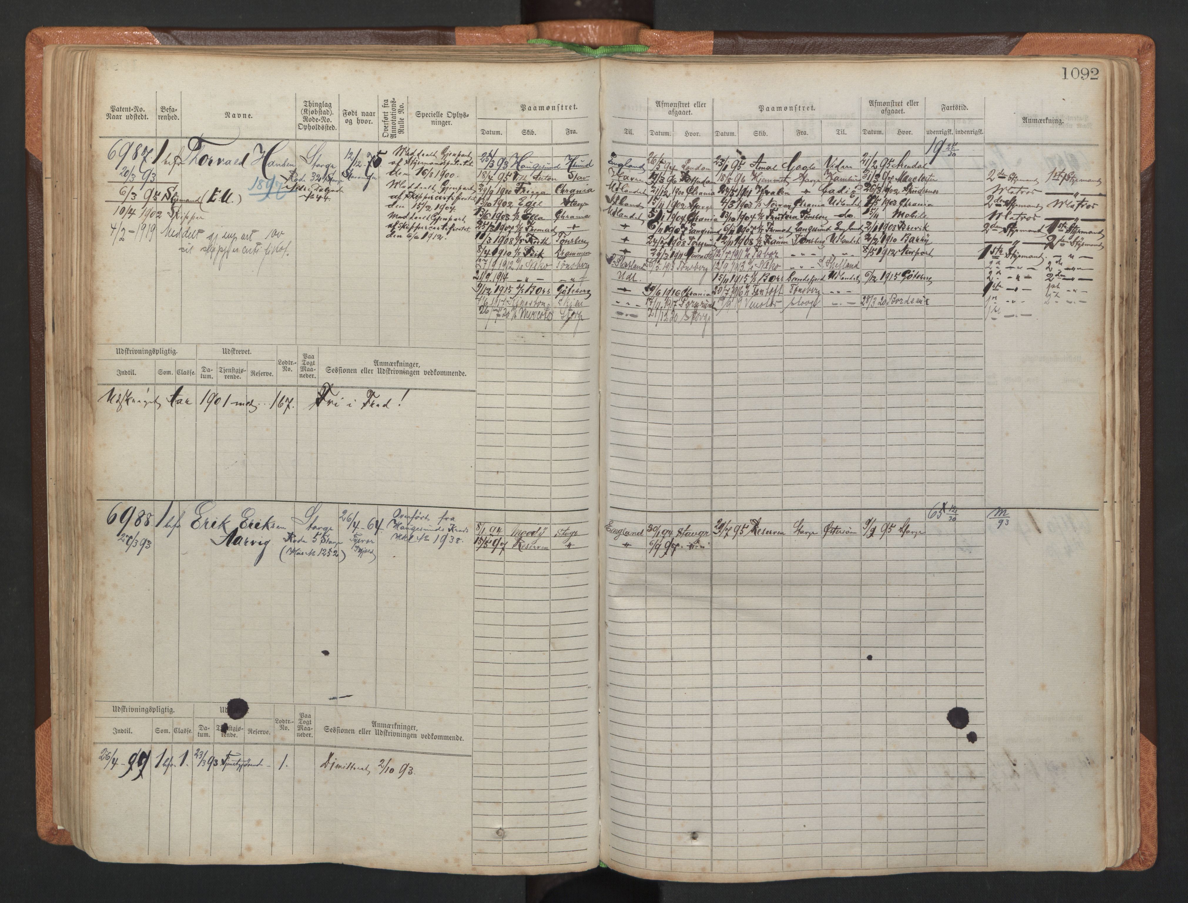 Stavanger sjømannskontor, AV/SAST-A-102006/F/Fb/Fbb/L0011: Sjøfartshovedrulle, patentnr. 6607-7206 (del 2), 1887-1896, p. 195