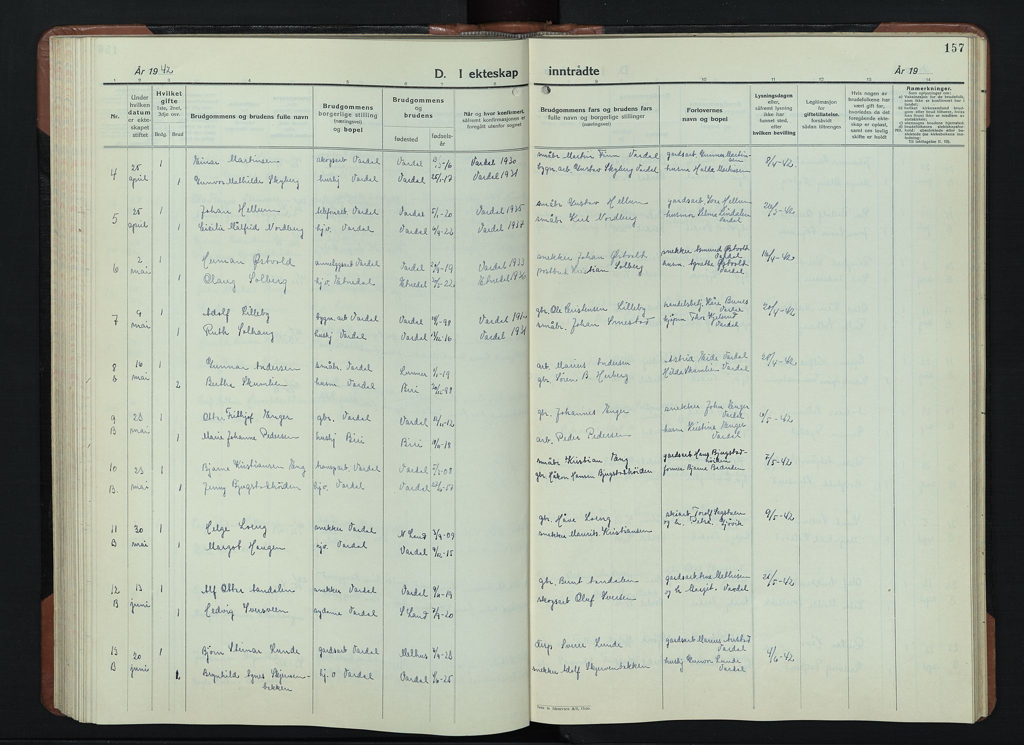 Vardal prestekontor, AV/SAH-PREST-100/H/Ha/Hab/L0018: Parish register (copy) no. 18, 1931-1951, p. 157