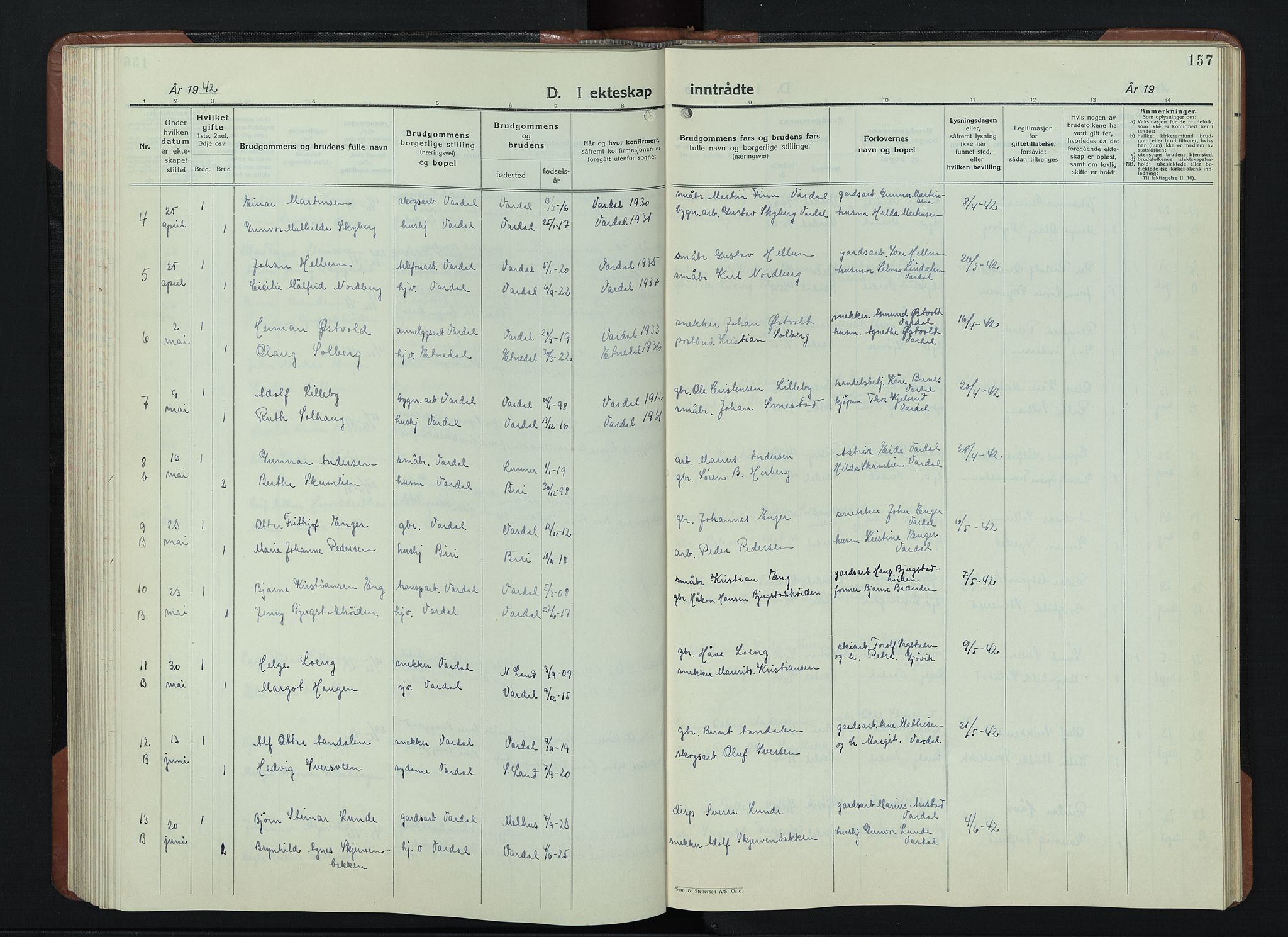 Vardal prestekontor, SAH/PREST-100/H/Ha/Hab/L0018: Parish register (copy) no. 18, 1931-1951, p. 157