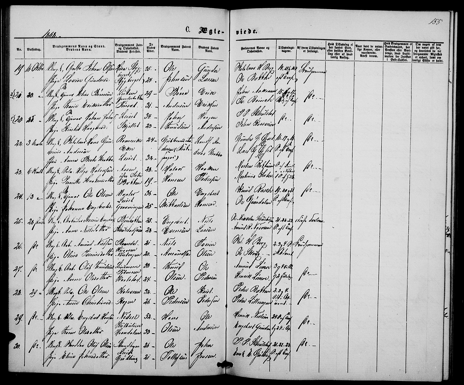 Elverum prestekontor, SAH/PREST-044/H/Ha/Hab/L0004: Parish register (copy) no. 4, 1866-1874, p. 155