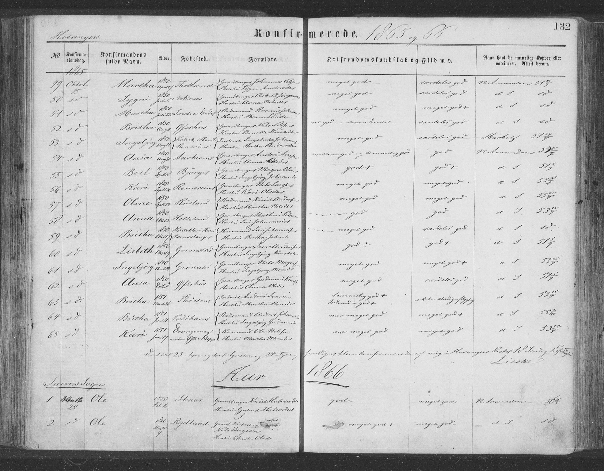 Hosanger sokneprestembete, AV/SAB-A-75801/H/Haa: Parish register (official) no. A 9, 1864-1876, p. 132