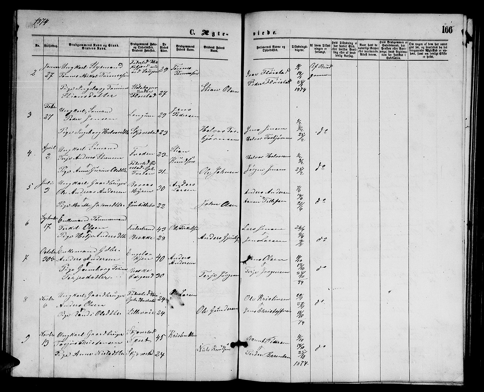 Austre Moland sokneprestkontor, SAK/1111-0001/F/Fb/Fba/L0002: Parish register (copy) no. B 2, 1869-1879, p. 166
