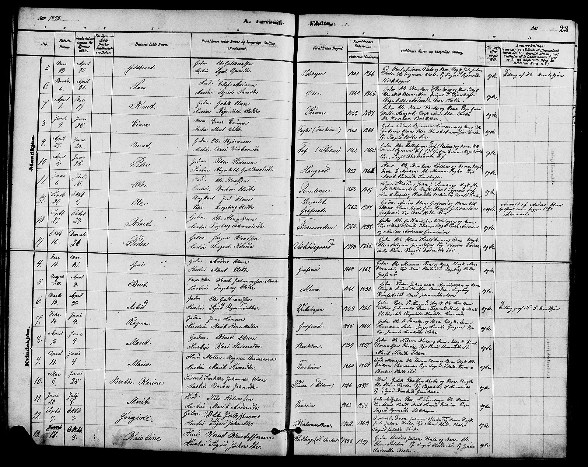 Vestre Slidre prestekontor, SAH/PREST-136/H/Ha/Hab/L0005: Parish register (copy) no. 5, 1881-1913, p. 23