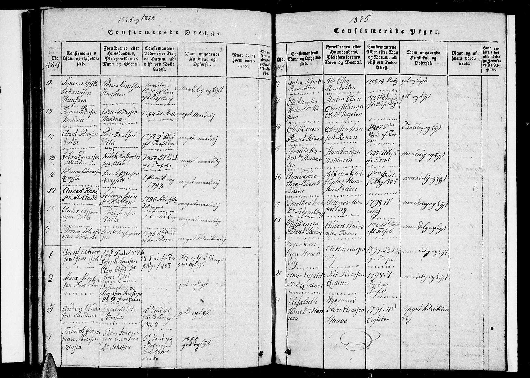 Ministerialprotokoller, klokkerbøker og fødselsregistre - Nordland, AV/SAT-A-1459/838/L0554: Parish register (copy) no. 838C01, 1820-1828, p. 484-485