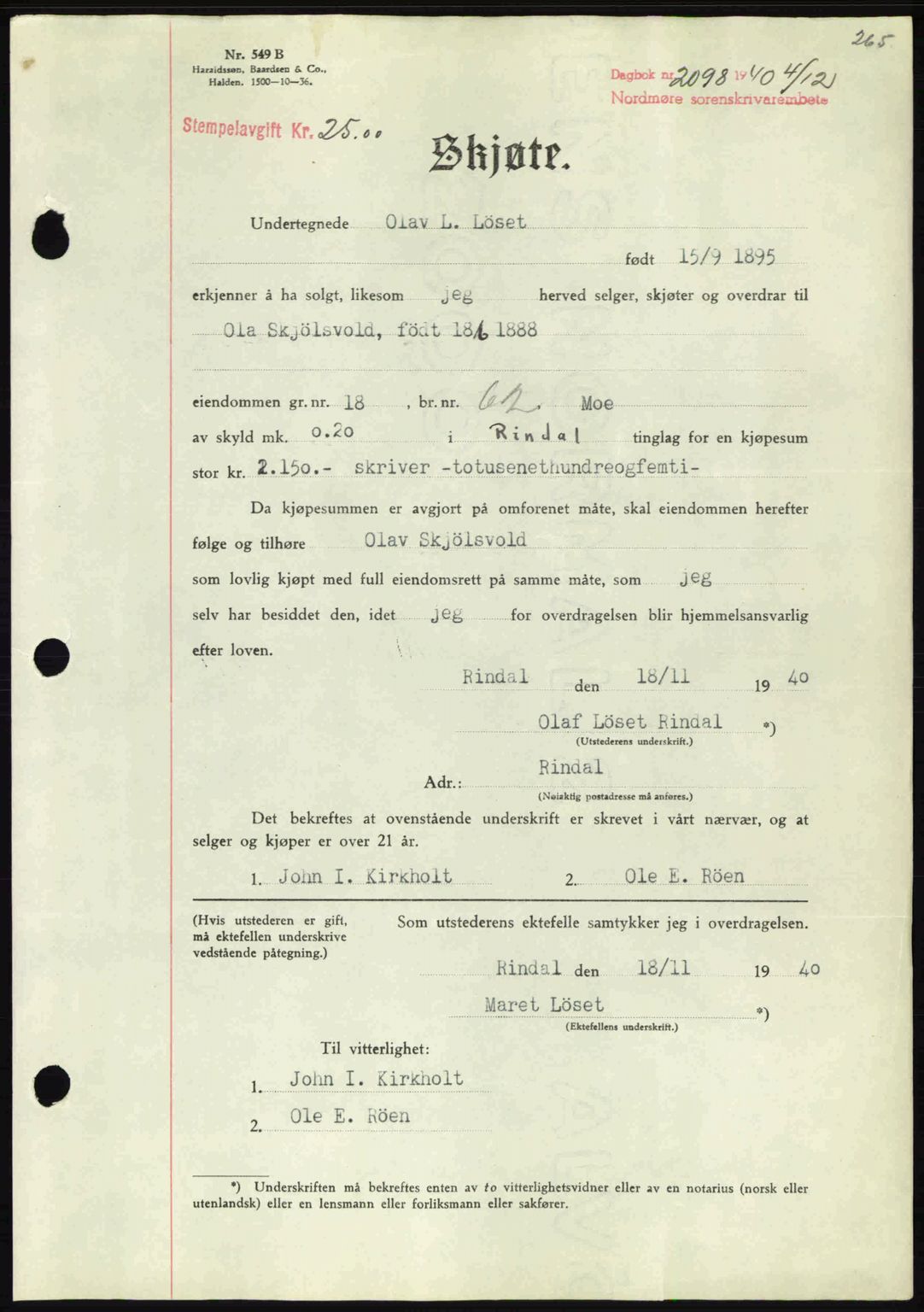 Nordmøre sorenskriveri, SAT/A-4132/1/2/2Ca: Mortgage book no. A89, 1940-1941, Diary no: : 2098/1940