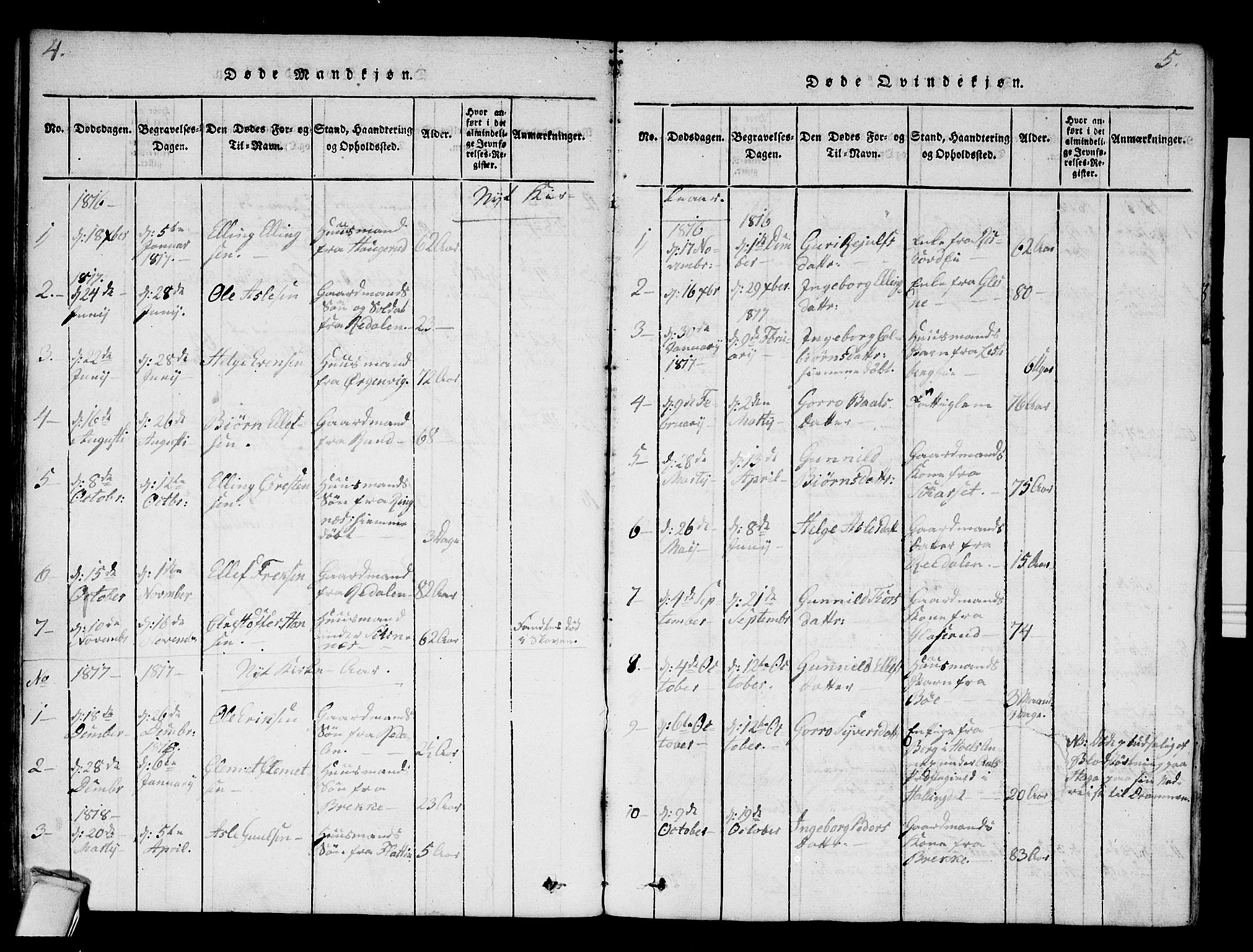 Krødsherad kirkebøker, SAKO/A-19/F/Fa/L0001: Parish register (official) no. 1, 1815-1829, p. 4-5