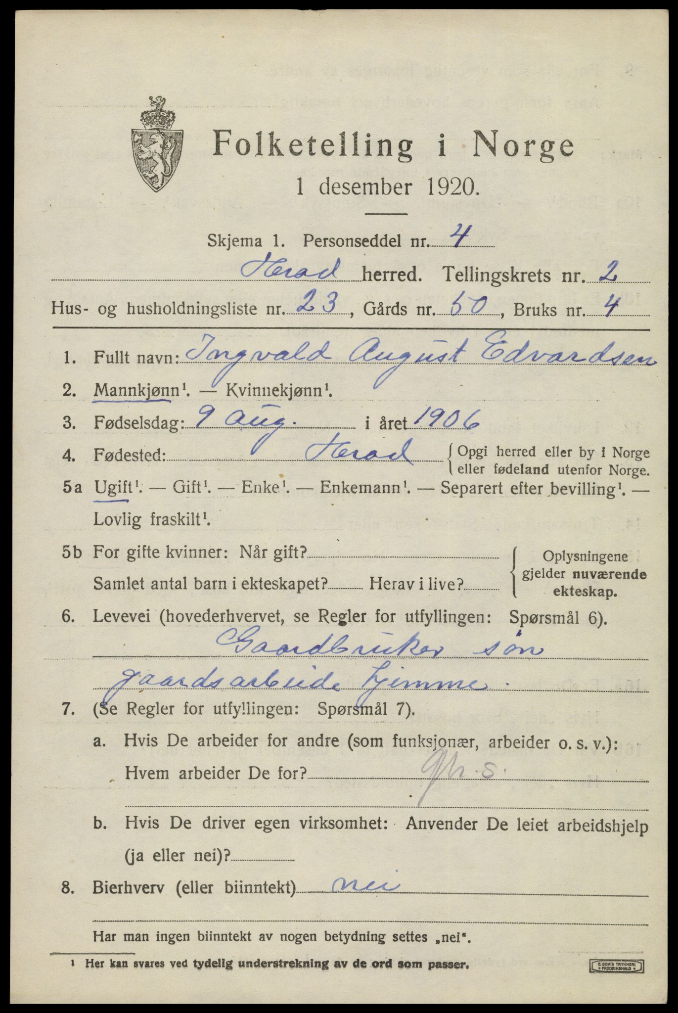 SAK, 1920 census for Herad, 1920, p. 1288