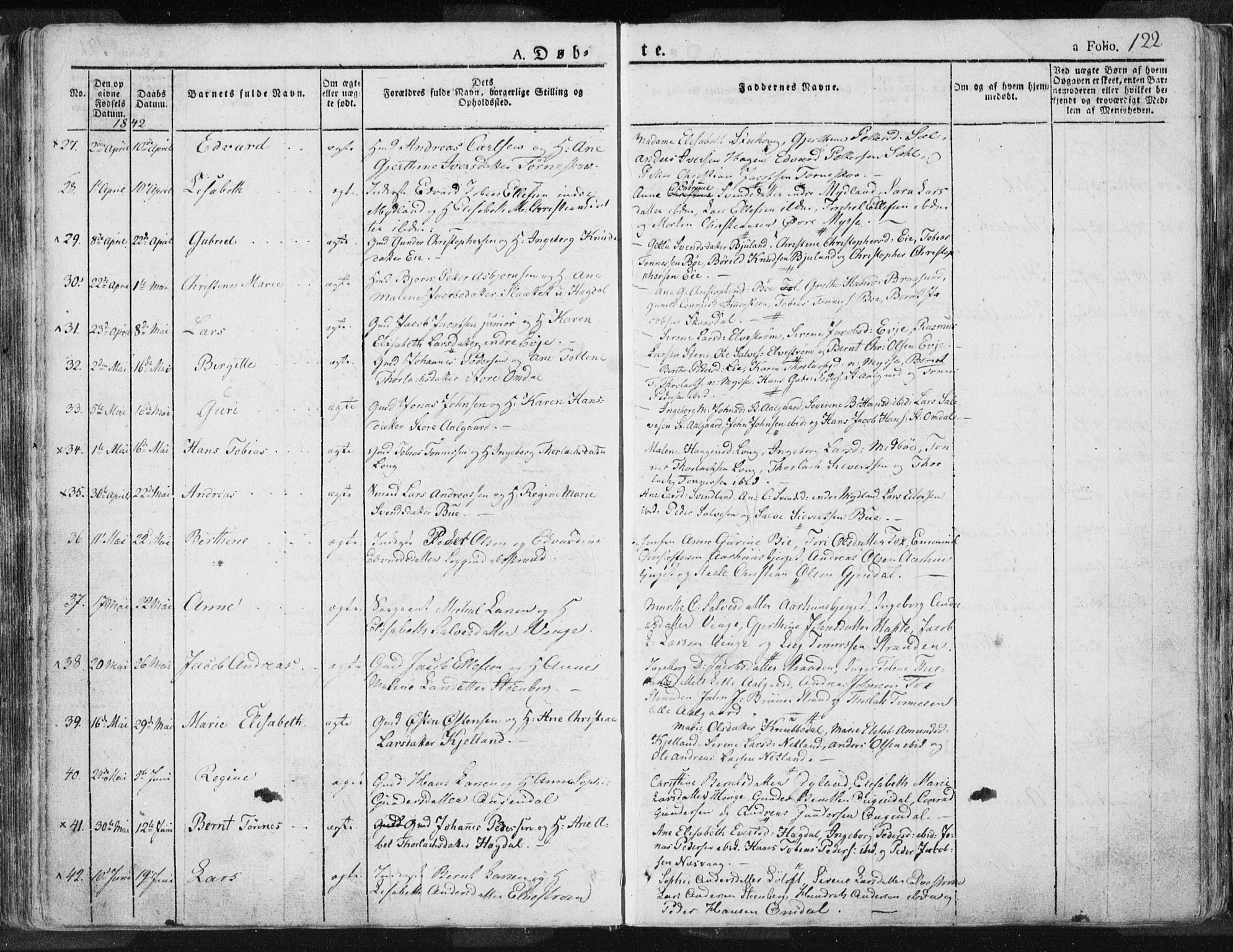 Sokndal sokneprestkontor, SAST/A-101808: Parish register (official) no. A 7.1, 1826-1842, p. 122