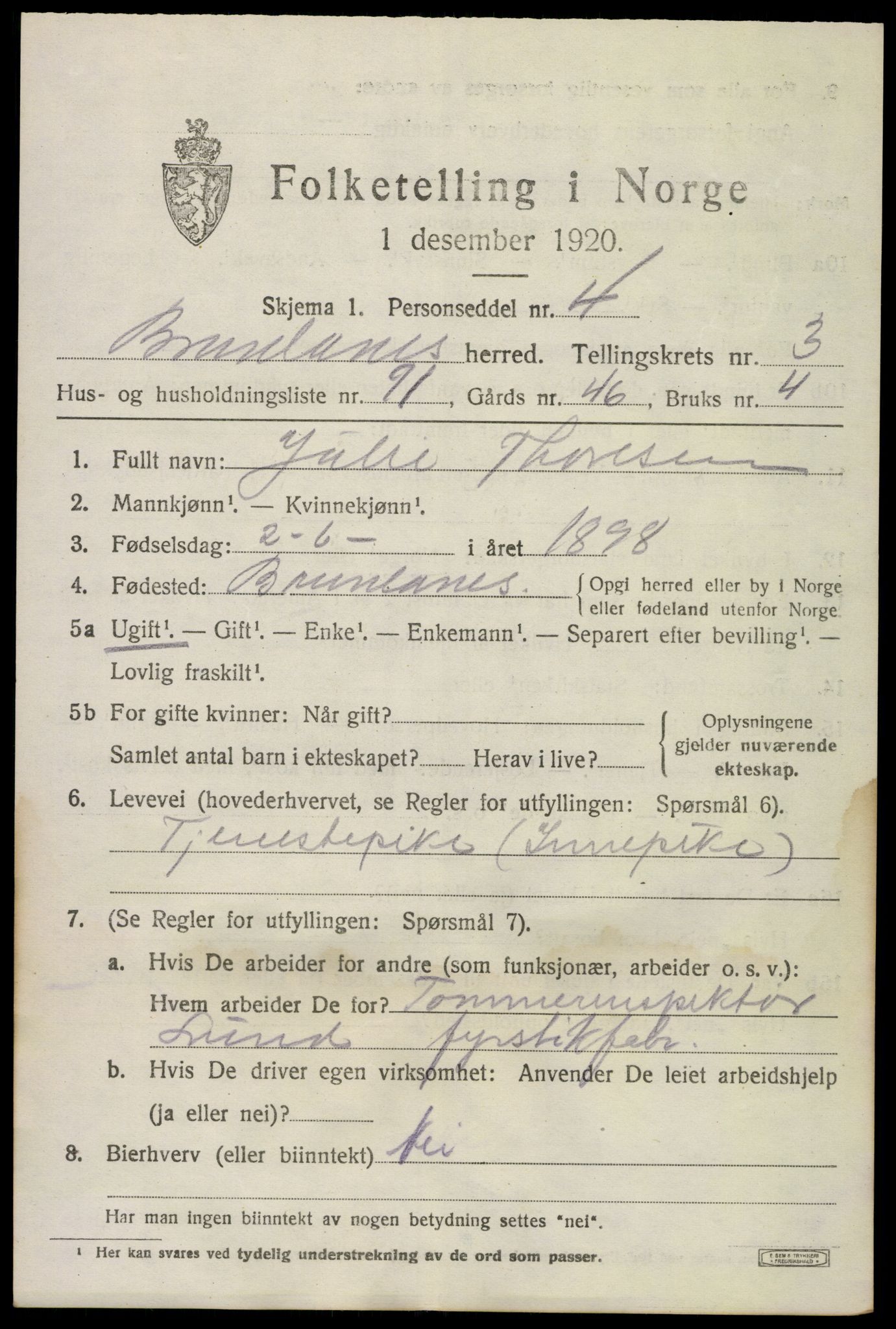 SAKO, 1920 census for Brunlanes, 1920, p. 5785