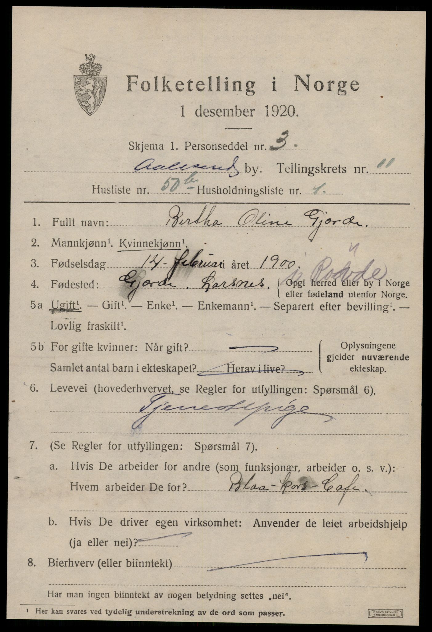 SAT, 1920 census for Ålesund, 1920, p. 26212