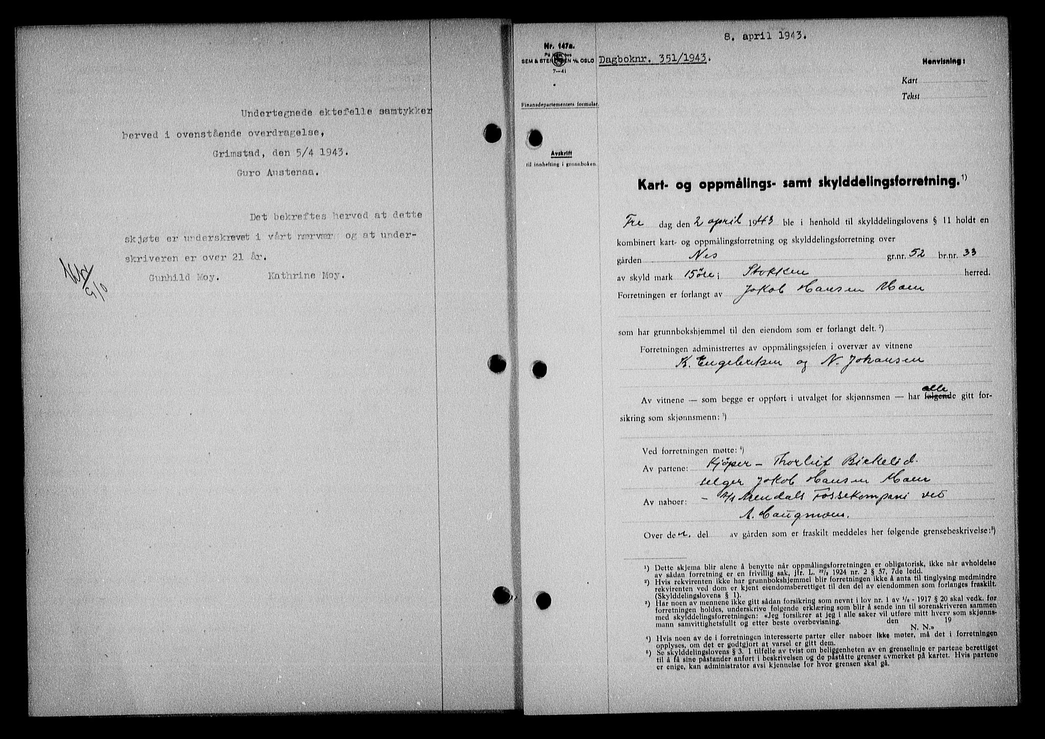 Nedenes sorenskriveri, AV/SAK-1221-0006/G/Gb/Gba/L0050: Mortgage book no. A-IV, 1942-1943, Diary no: : 351/1943