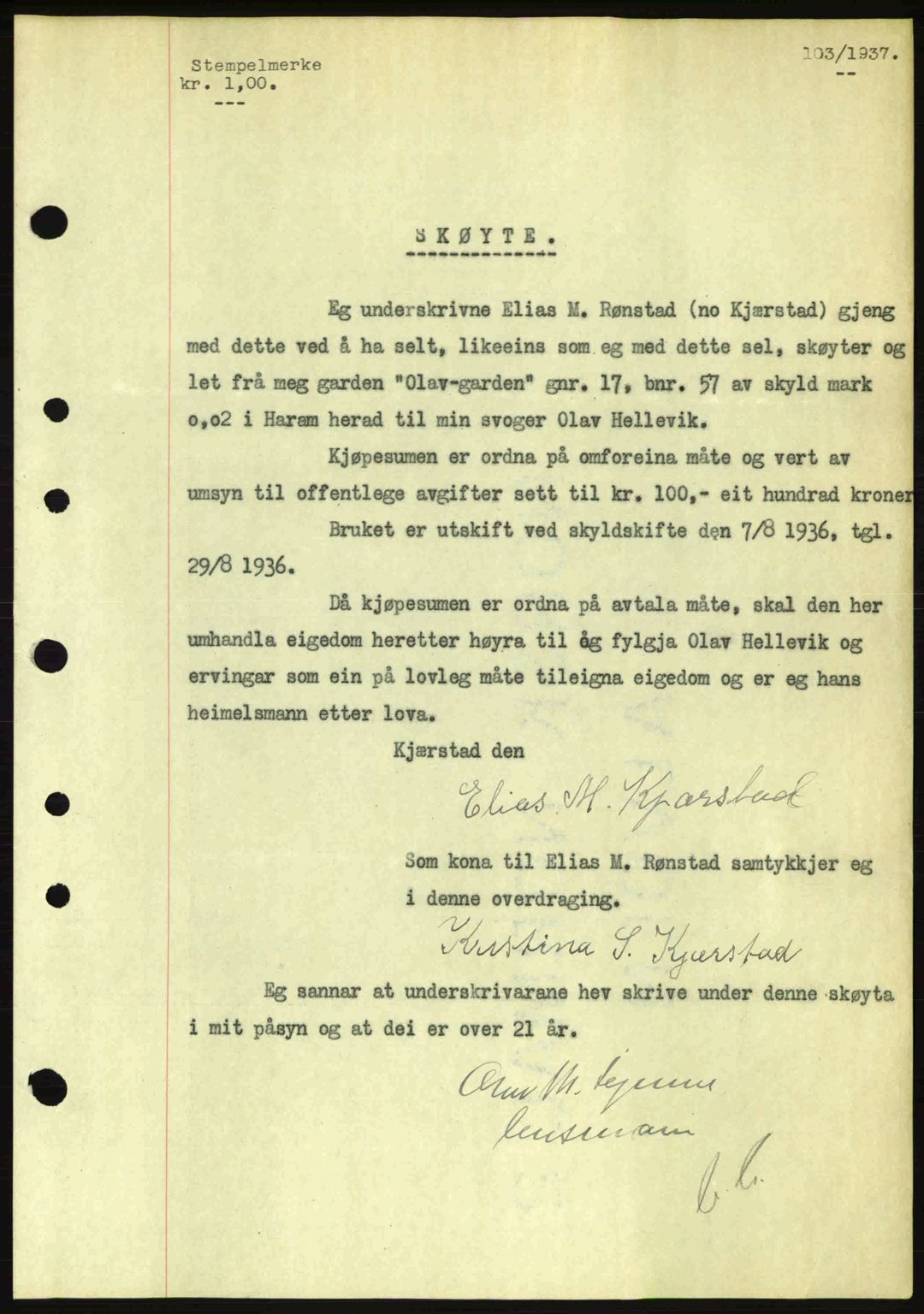 Nordre Sunnmøre sorenskriveri, AV/SAT-A-0006/1/2/2C/2Ca: Mortgage book no. A2, 1936-1937, Diary no: : 103/1937