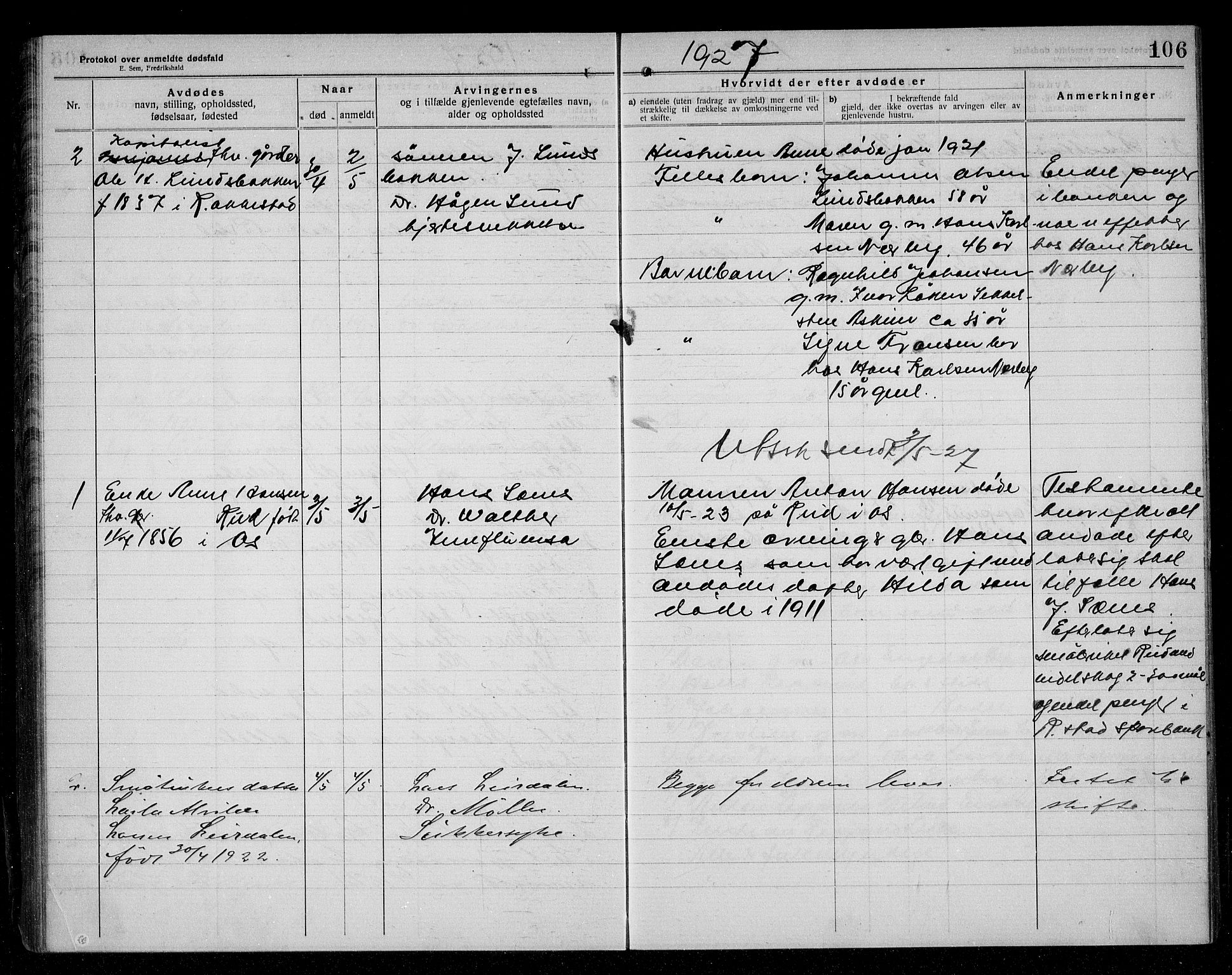 Rakkestad lensmannskontor, AV/SAO-A-10004/H/Ha/Haa/L0004: Dødsanmeldelsesprotokoll, 1920-1931, p. 106