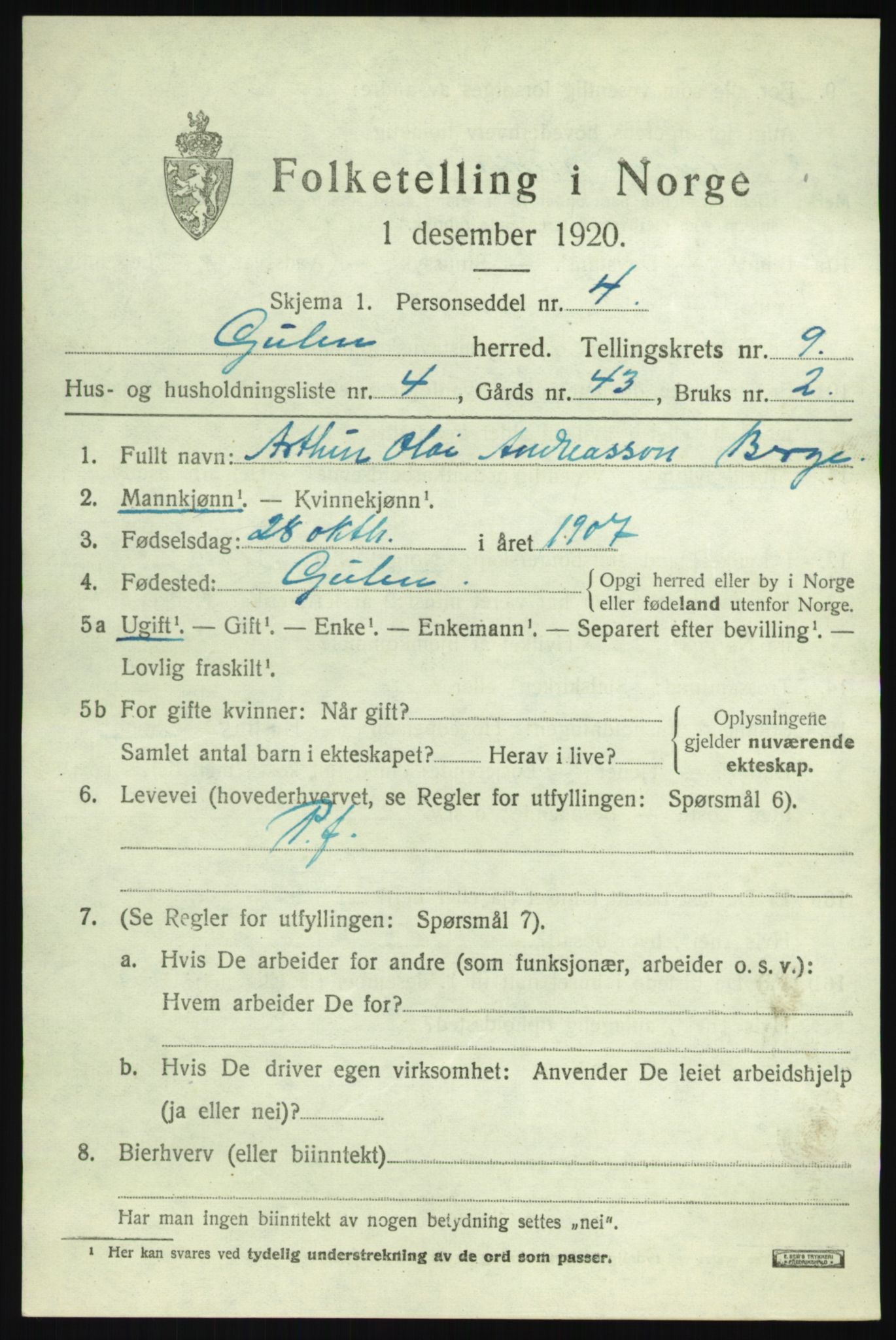 SAB, 1920 census for Gulen, 1920, p. 3911