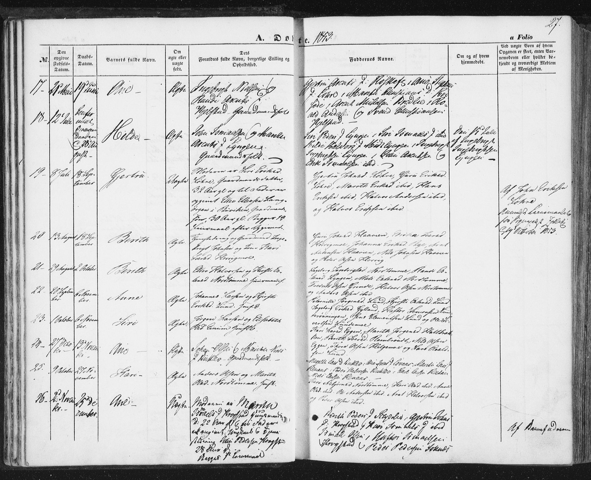 Ministerialprotokoller, klokkerbøker og fødselsregistre - Sør-Trøndelag, SAT/A-1456/692/L1103: Parish register (official) no. 692A03, 1849-1870, p. 27