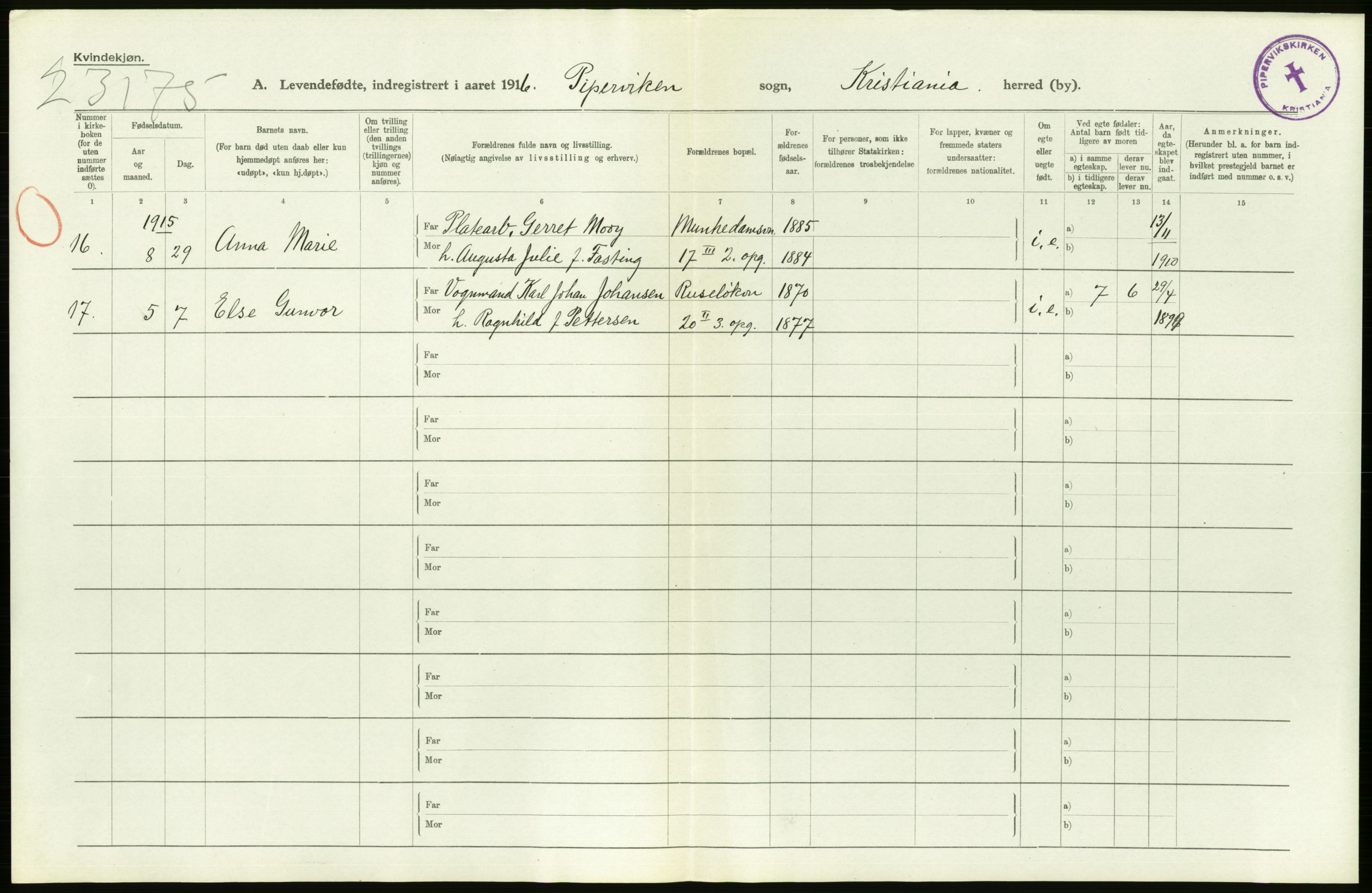 Statistisk sentralbyrå, Sosiodemografiske emner, Befolkning, AV/RA-S-2228/D/Df/Dfb/Dfbf/L0007: Kristiania: Levendefødte menn og kvinner., 1916, p. 508