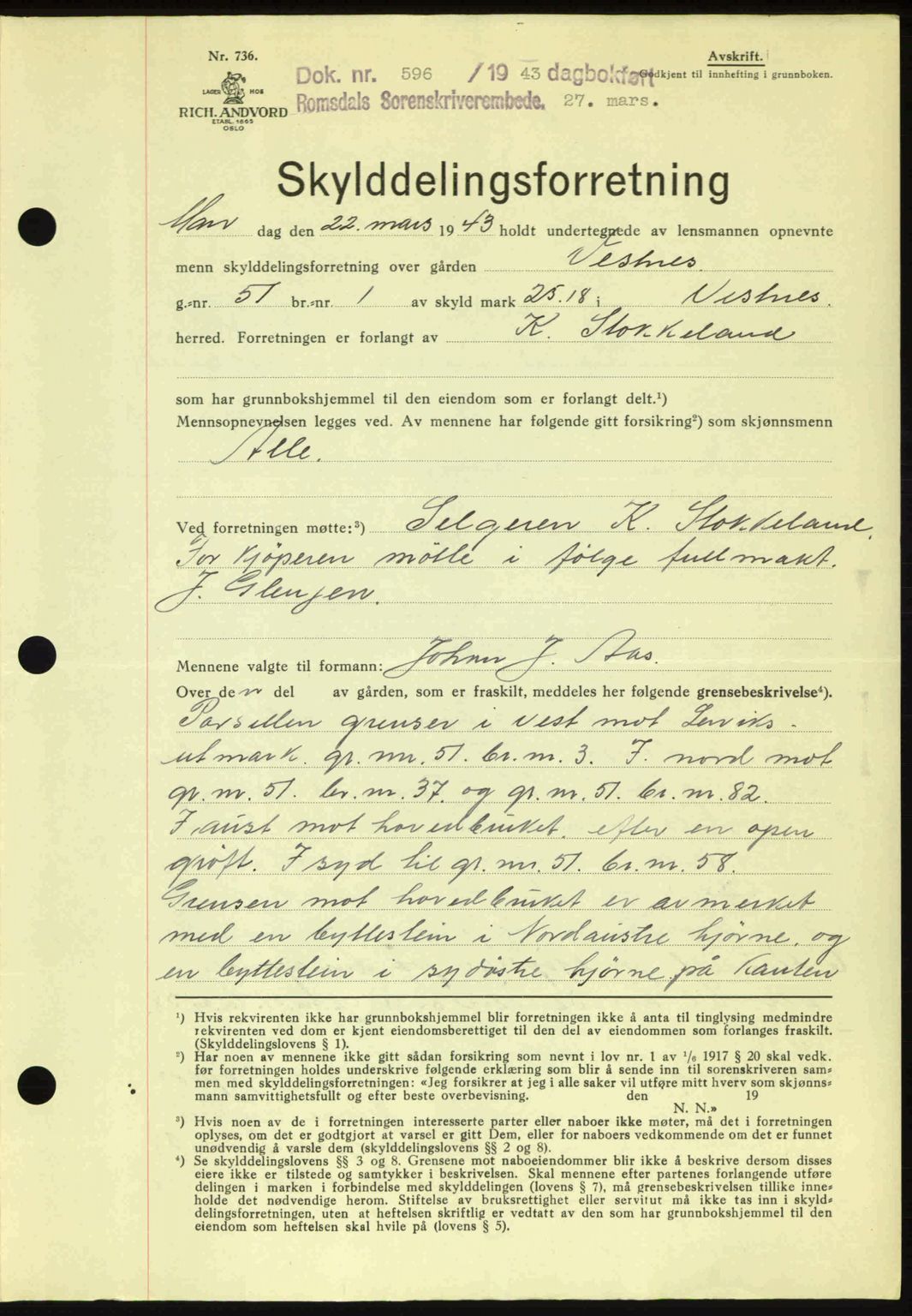 Romsdal sorenskriveri, AV/SAT-A-4149/1/2/2C: Mortgage book no. A14, 1943-1943, Diary no: : 596/1943