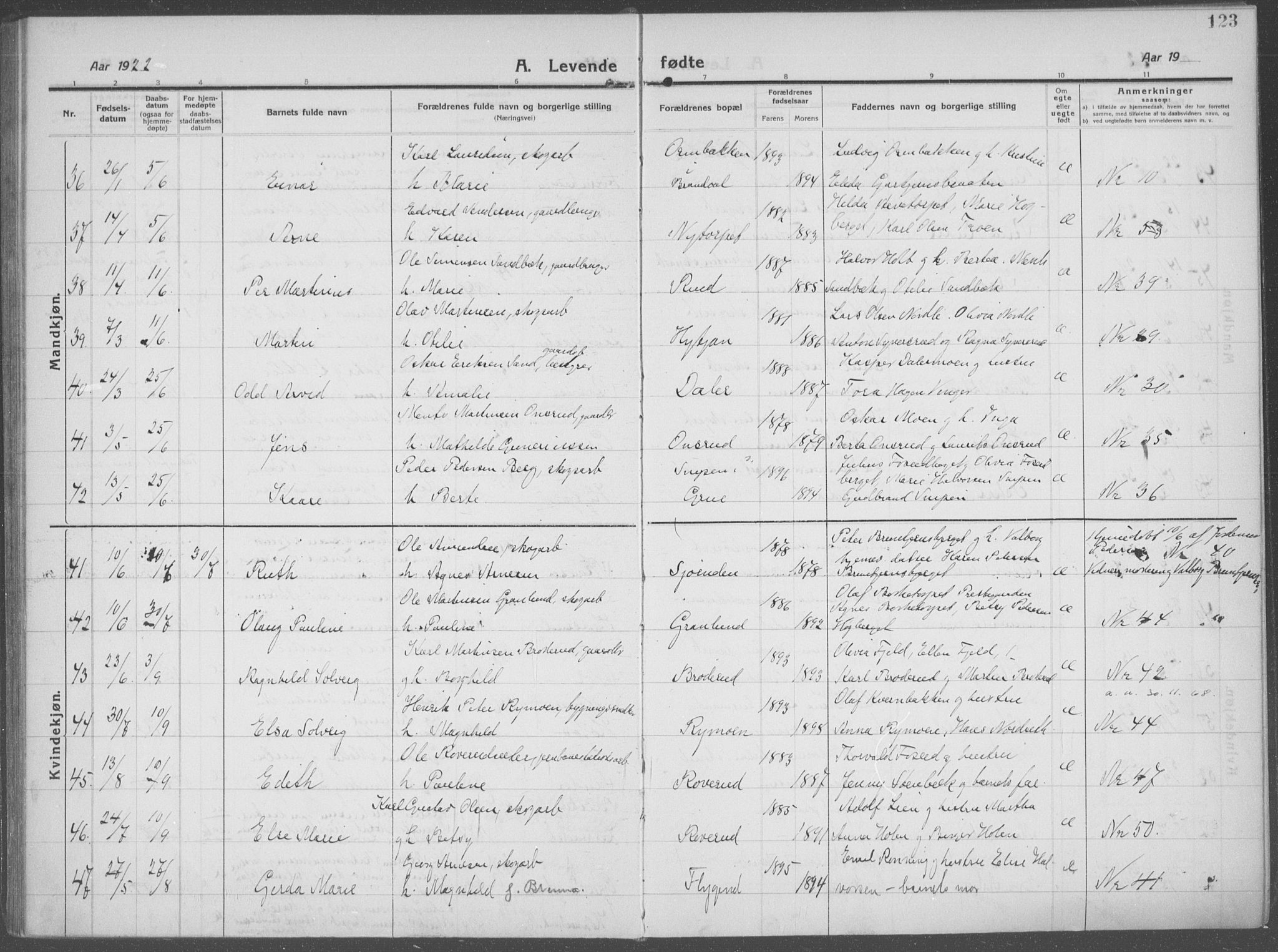 Brandval prestekontor, AV/SAH-PREST-034/H/Ha/Haa/L0004: Parish register (official) no. 4, 1910-1924, p. 123