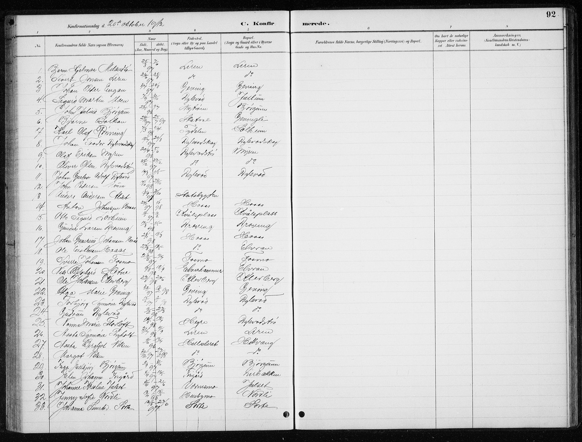 Ministerialprotokoller, klokkerbøker og fødselsregistre - Nord-Trøndelag, SAT/A-1458/710/L0096: Parish register (copy) no. 710C01, 1892-1925, p. 92