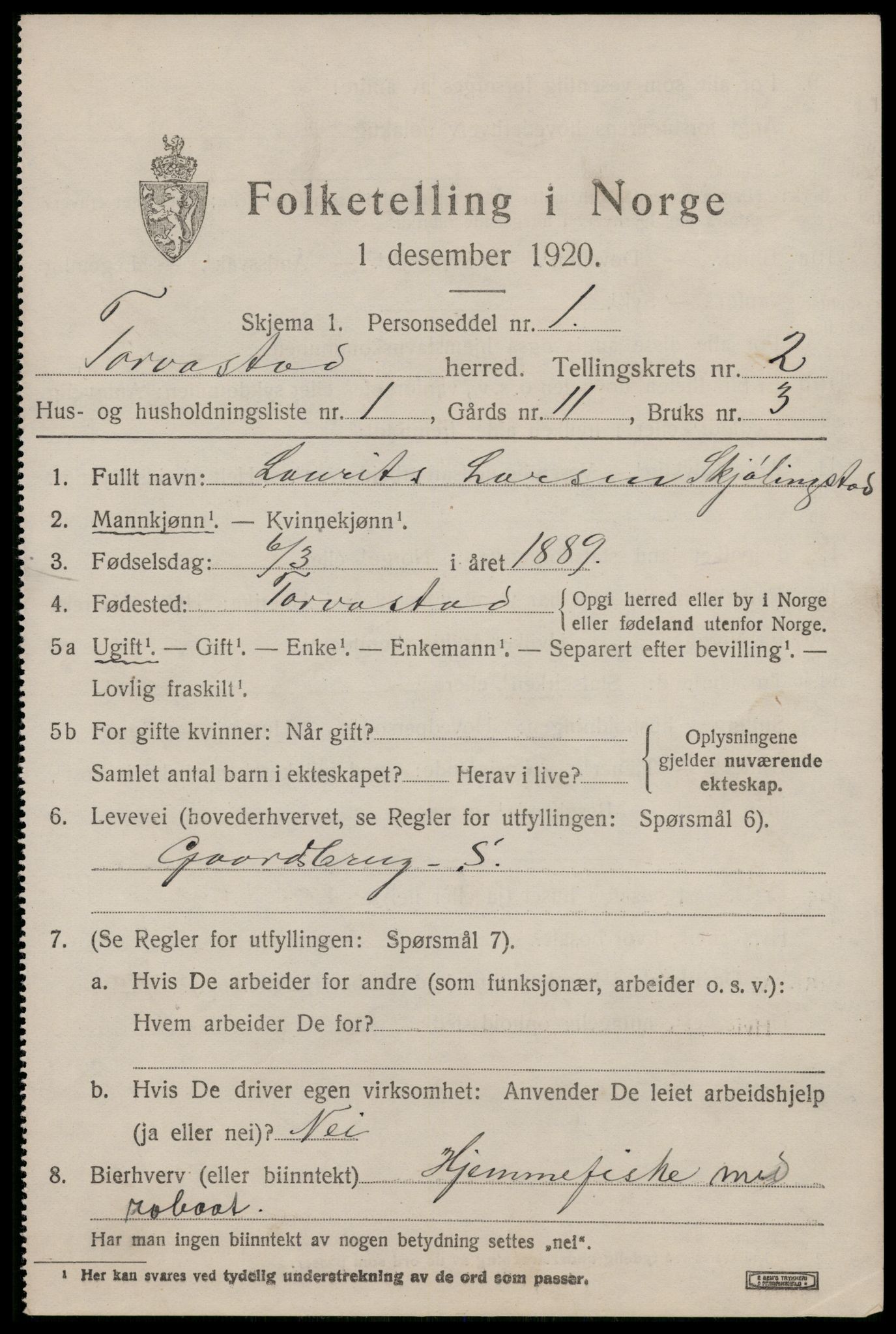 SAST, 1920 census for Torvastad, 1920, p. 1990