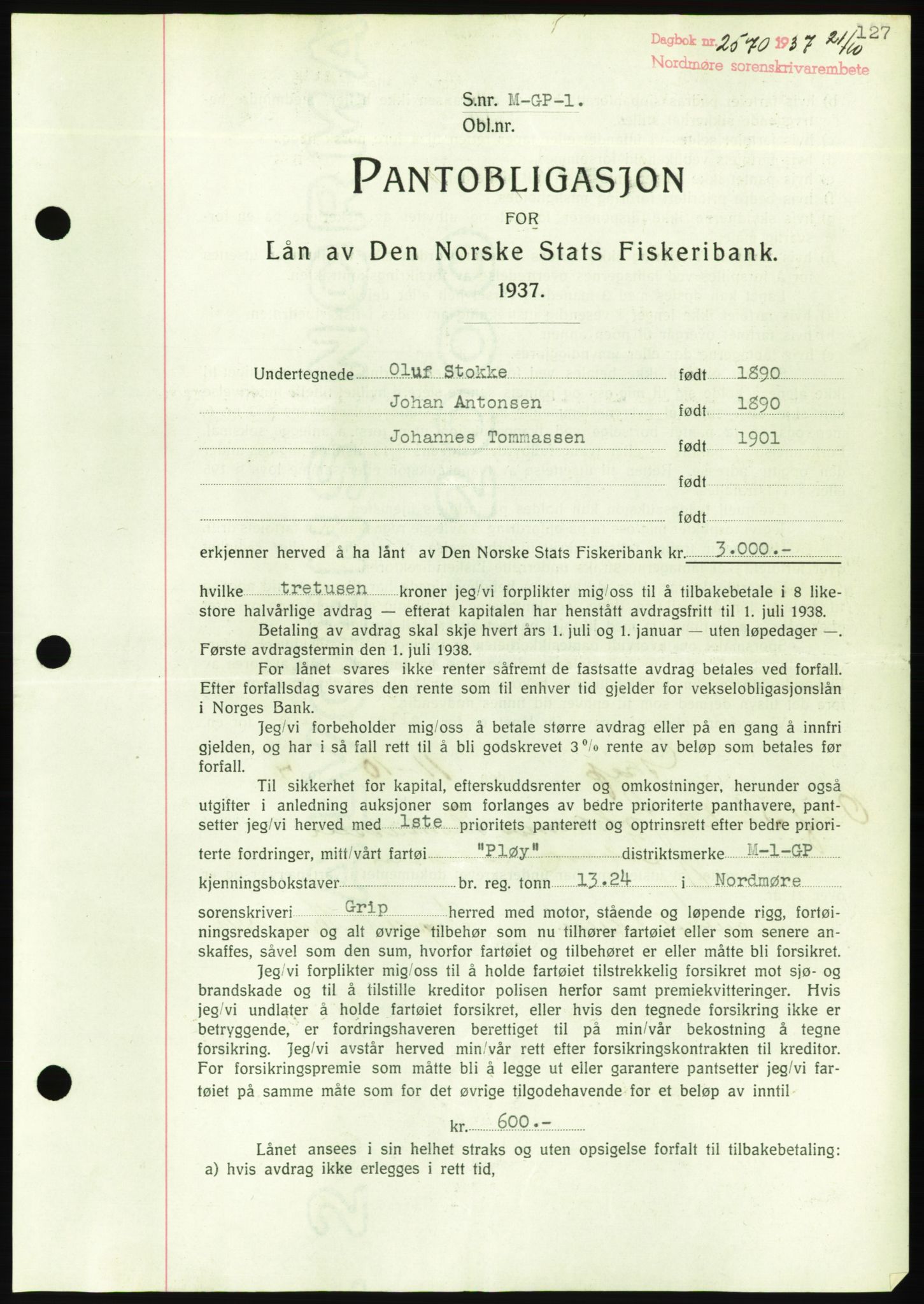 Nordmøre sorenskriveri, AV/SAT-A-4132/1/2/2Ca/L0092: Mortgage book no. B82, 1937-1938, Diary no: : 2570/1937