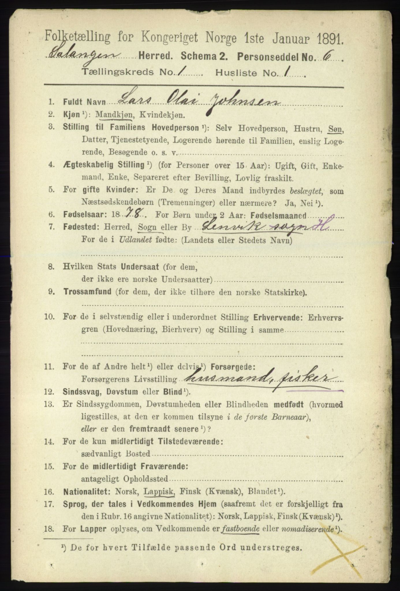 RA, 1891 census for 1921 Salangen, 1891, p. 75