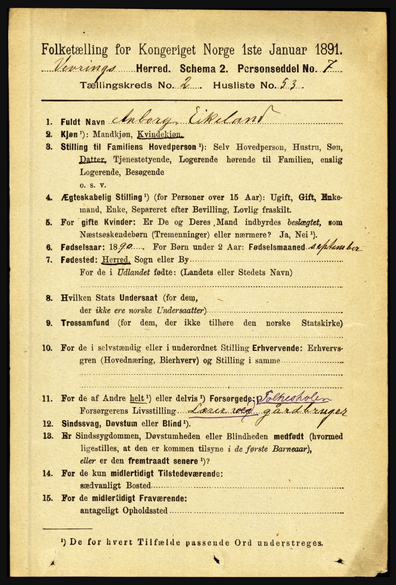 RA, 1891 census for 1434 Vevring, 1891, p. 720