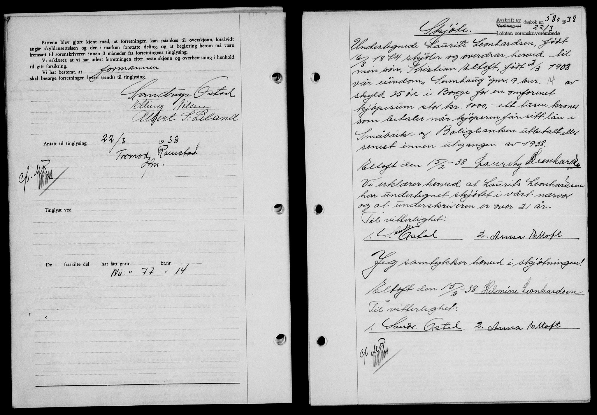 Lofoten sorenskriveri, SAT/A-0017/1/2/2C/L0003a: Mortgage book no. 3a, 1937-1938, Diary no: : 580/1938