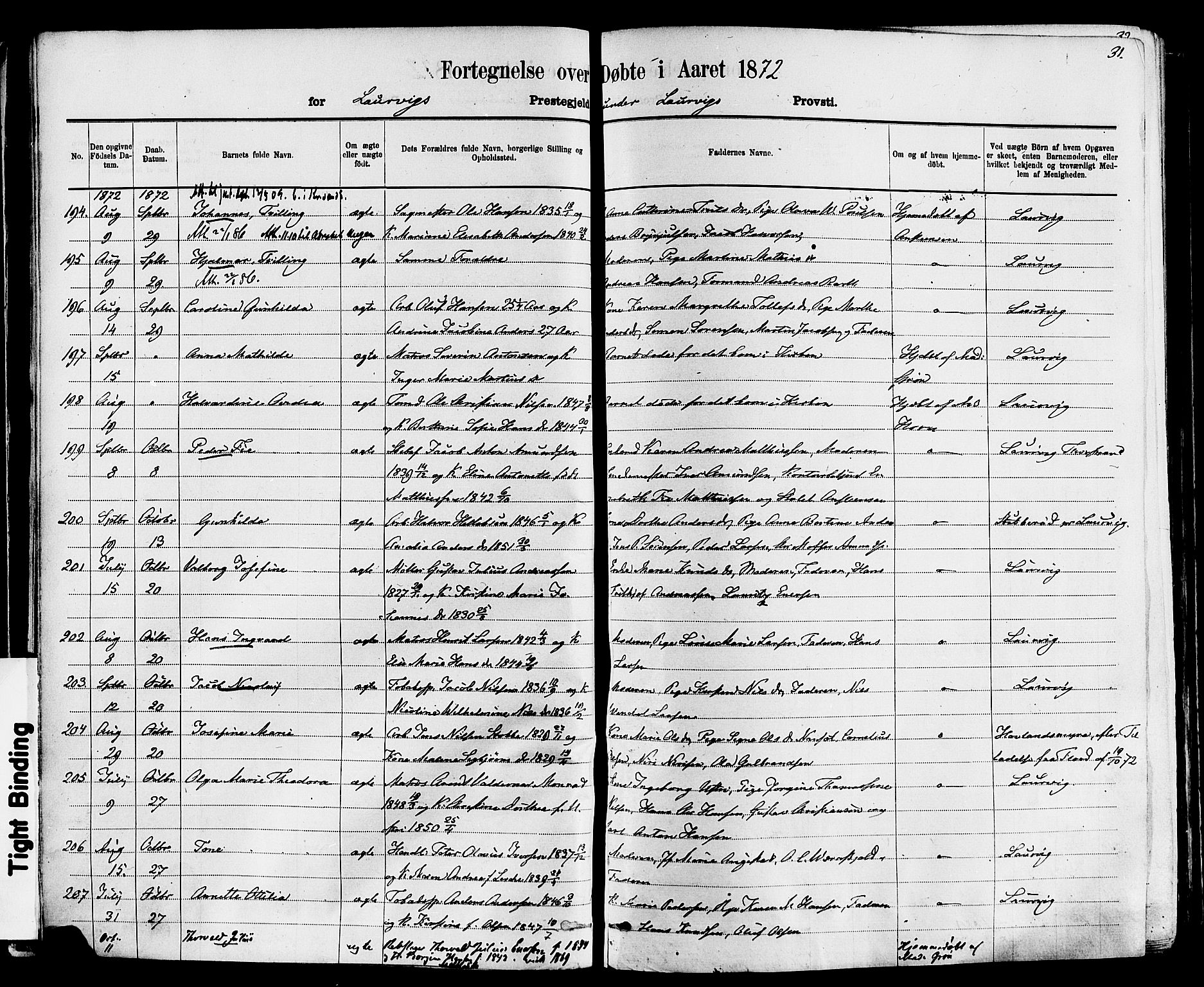 Larvik kirkebøker, AV/SAKO-A-352/F/Fa/L0006: Parish register (official) no. I 6, 1871-1883, p. 31