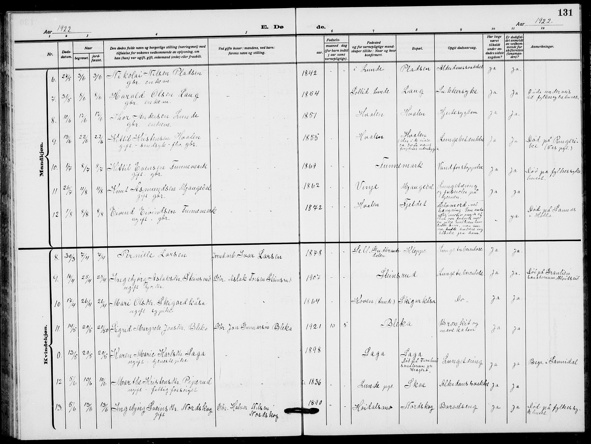 Lunde kirkebøker, AV/SAKO-A-282/F/Fa/L0005: Parish register (official) no. I 5, 1914-1922, p. 131