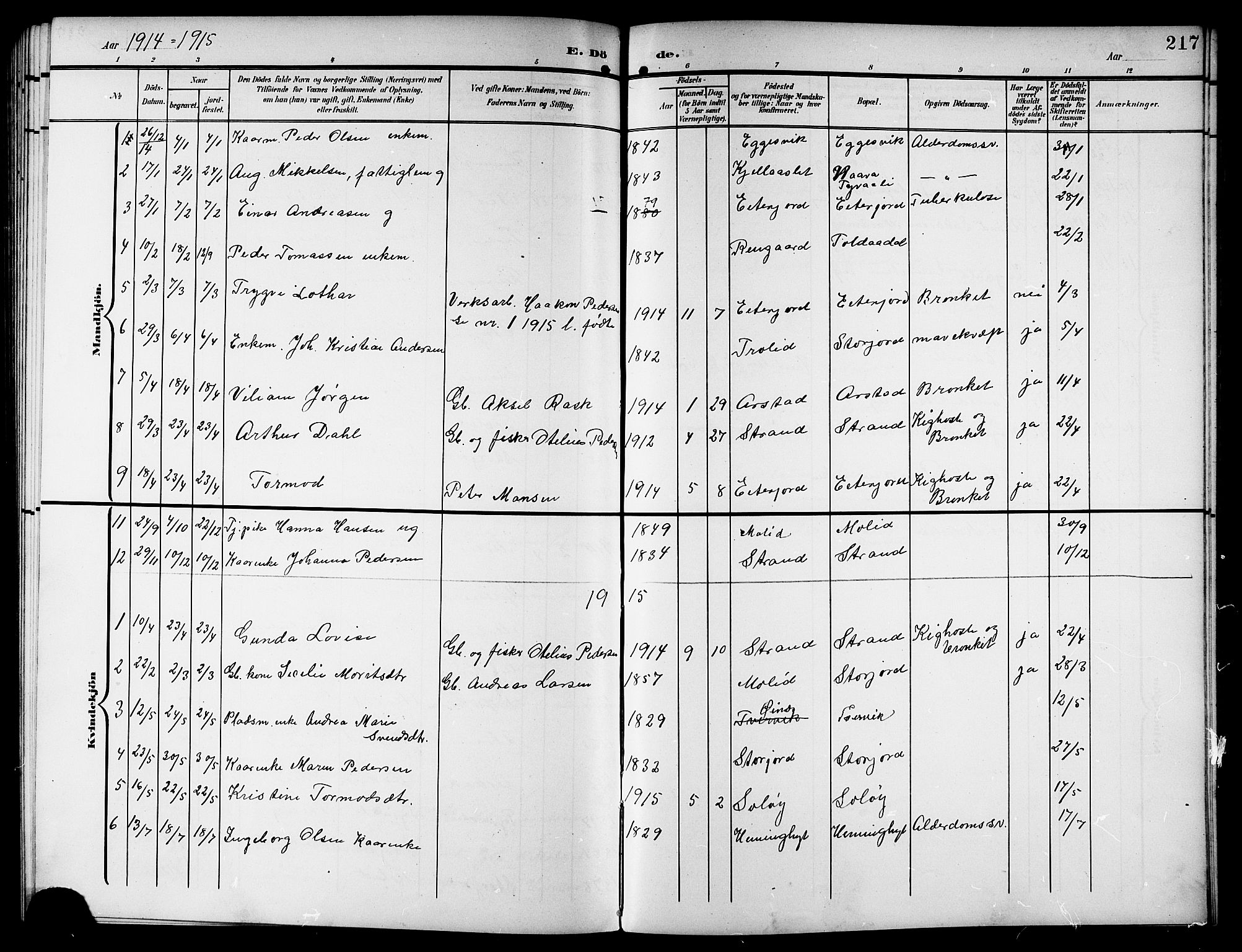 Ministerialprotokoller, klokkerbøker og fødselsregistre - Nordland, SAT/A-1459/846/L0655: Parish register (copy) no. 846C05, 1902-1916, p. 217